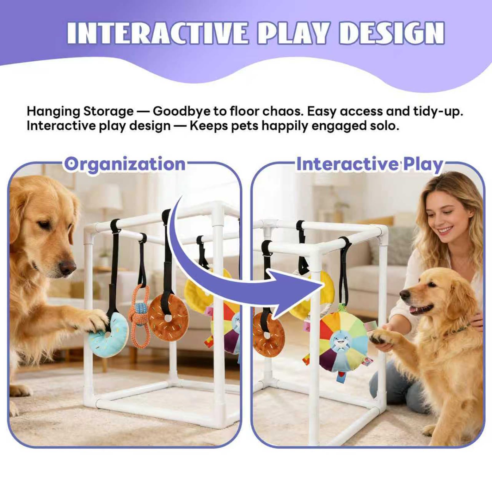 Gimnasio Para Perros Estructura Montable con 5 Juguetes de Entrenamiento | Juguetes de Gimnasio Canino Para Adiestramiento Dentición Relajación Juego Interior en Suelo y Diversión en Casa
