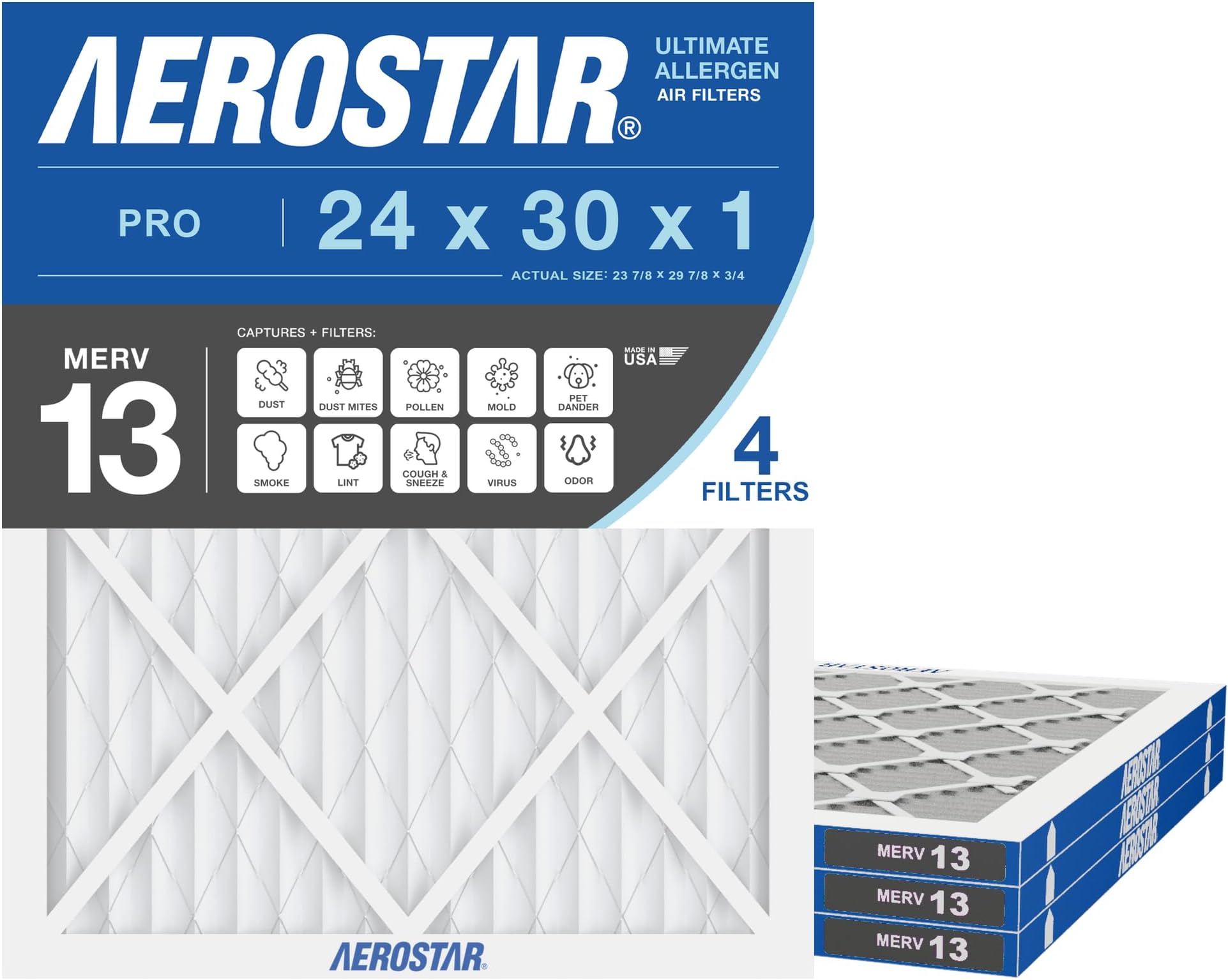 Aerostar Air Filter 24x30x1 MERV 13 AC Filter, HVAC, Furnace Filter, 4 Pack | ACTUAL SIZE (23.50 x 23.75 x 1.75) AC Filter, Furnace Filter, Allergies, Dust, Pet Dander & Smoke MERV 13 (MPR 1500 / FPR 10)