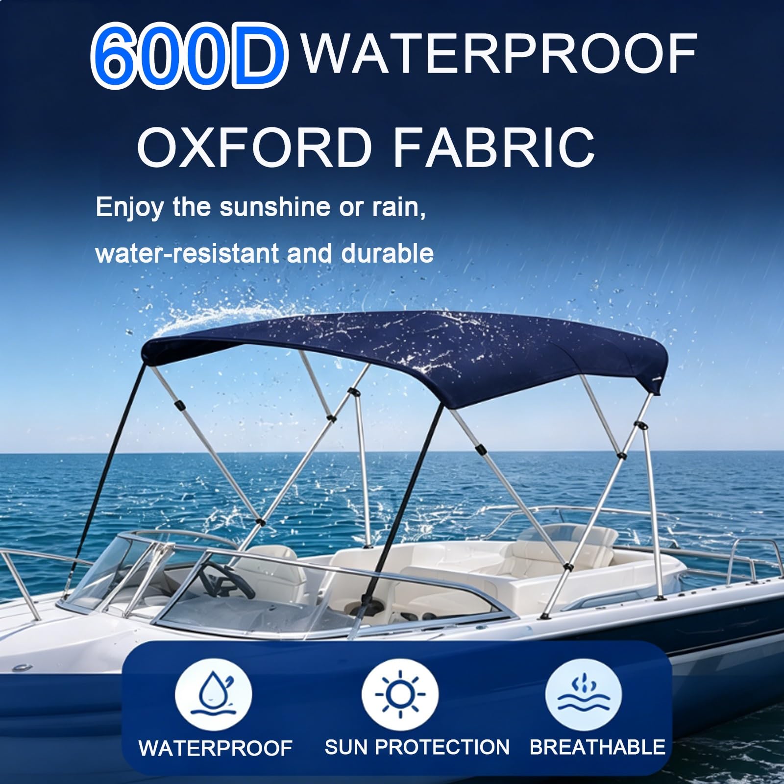 3 Pałąkowy Daszek Bimini do Lodzi, Wodoodporne Zadaszenie z Materiału Oxford 600D i Aluminiową Ramą, do Jachtów, Lodzi Wędkarskich i Pontonów(Blue,170-182cm/67-75in)