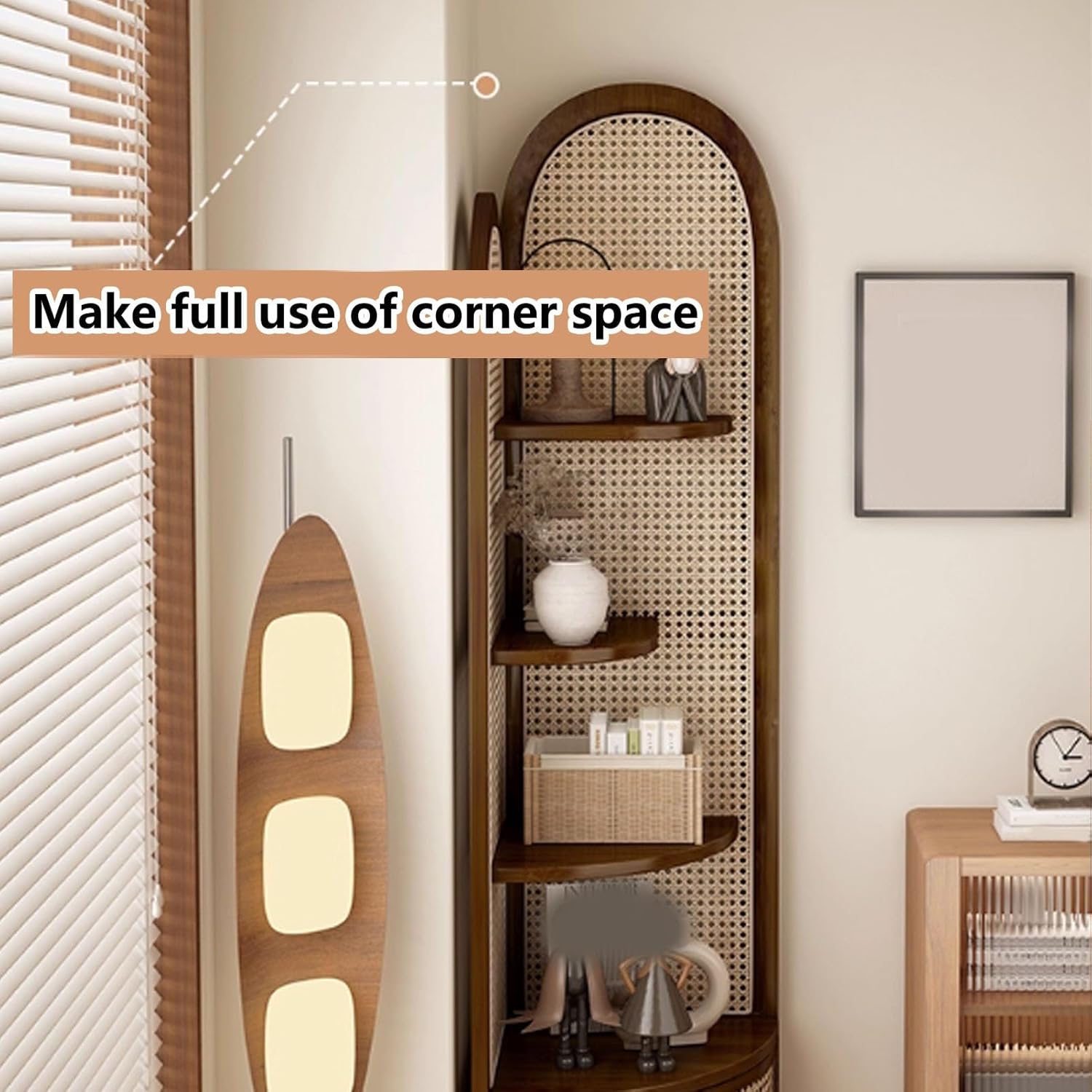 5-Tier Corner Shelf, Multi-Functional Rattan Triangle Bookshelf with Storage Basket, Solid Wood Floor Standing Cabinet for Living Room, Bedroom, Office(Natural)