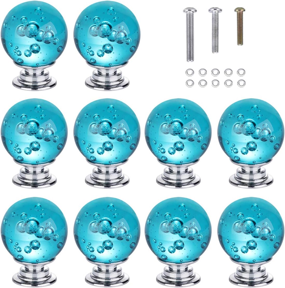 HOMEIDEAS 10PCS 30MM Aqua Blue Bubbles Crystal Knobs Glass Cabinet Knobs Drawer Pulls Handle for Home, Cabinet, Drawer and Dresser, 3 Size Screws