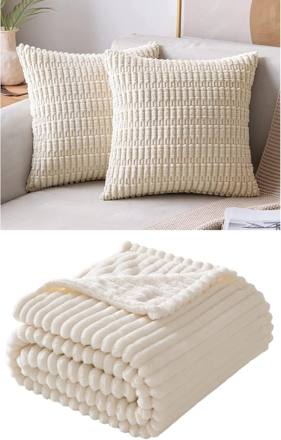 MIULEE Pack of 2 Corduroy Decorative Throw Pillow Covers 18x18 Inch Soft Boho Striped Pillow Covers Modern Farmhouse Home Decor for Sofa Couch Bed Cream White Bundle Fleece Blanket 50x60 inch