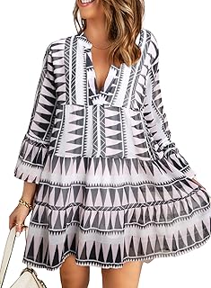 Dokotoo Women Dress Fashion Ruffle V Neck Flared Long Sleeve Mini Dress Casual Loose Babydoll Dress Short Sun Dresses
