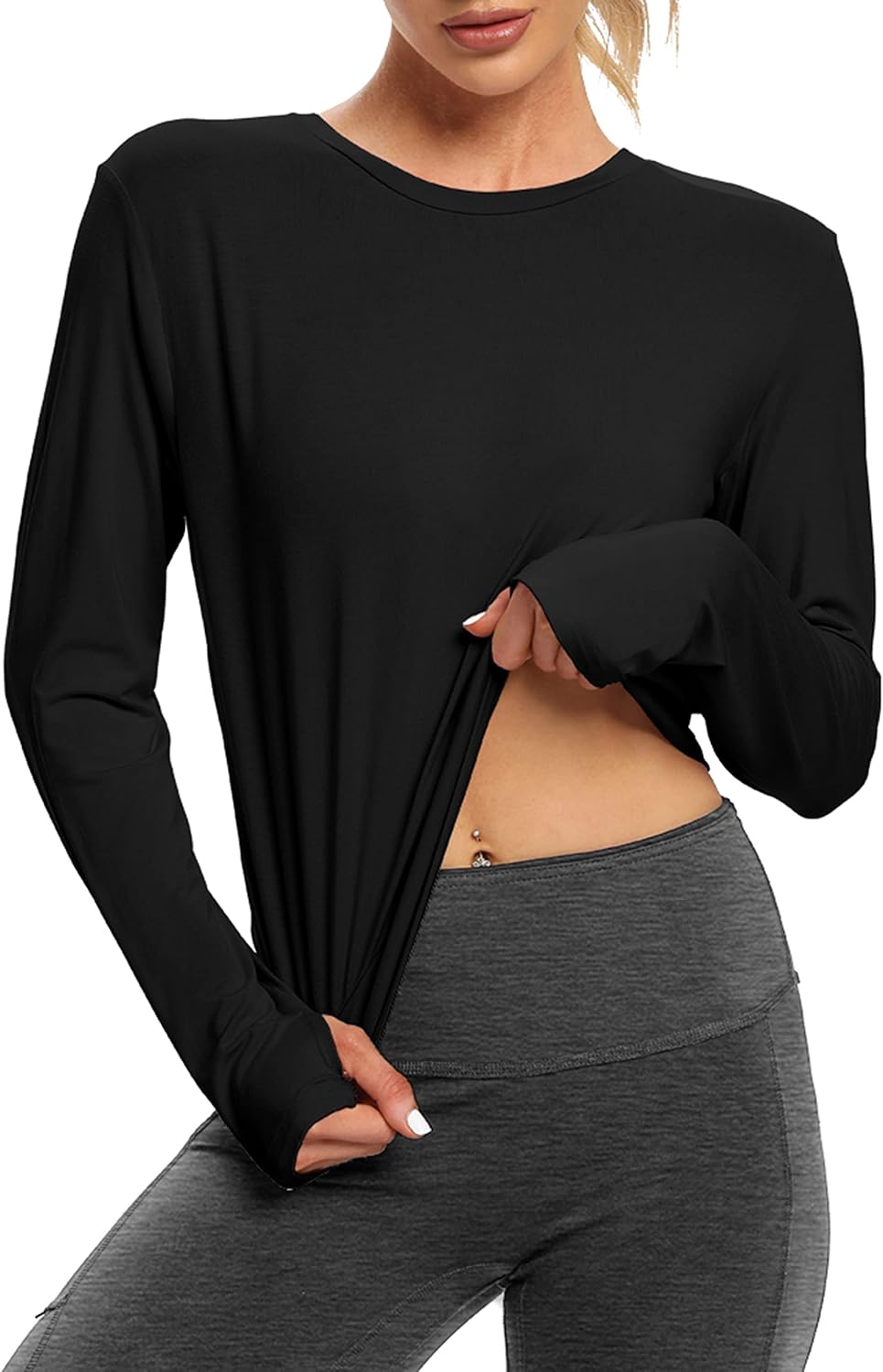 Bestisun Long Sleeve Workout Shirt Cross Back Cropped Running Athletic Tops for Women Thumb Hole - Image 4