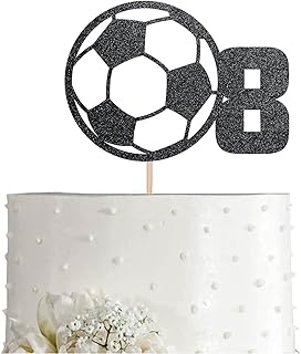 Soccer 8th Birthday Cake Topper Black Glitter Sport Boy Girl 8 Years Birthday Party Supplies, Decorations