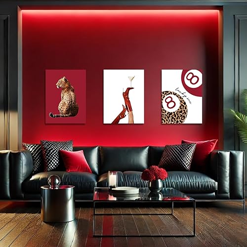 Miniatura 5 de GELDSTEI Lienzo decorativo de pared de leopardo rojo moderno, decoración de pared de guepardo feroz, imágenes estéticas de Martini con botas rojas