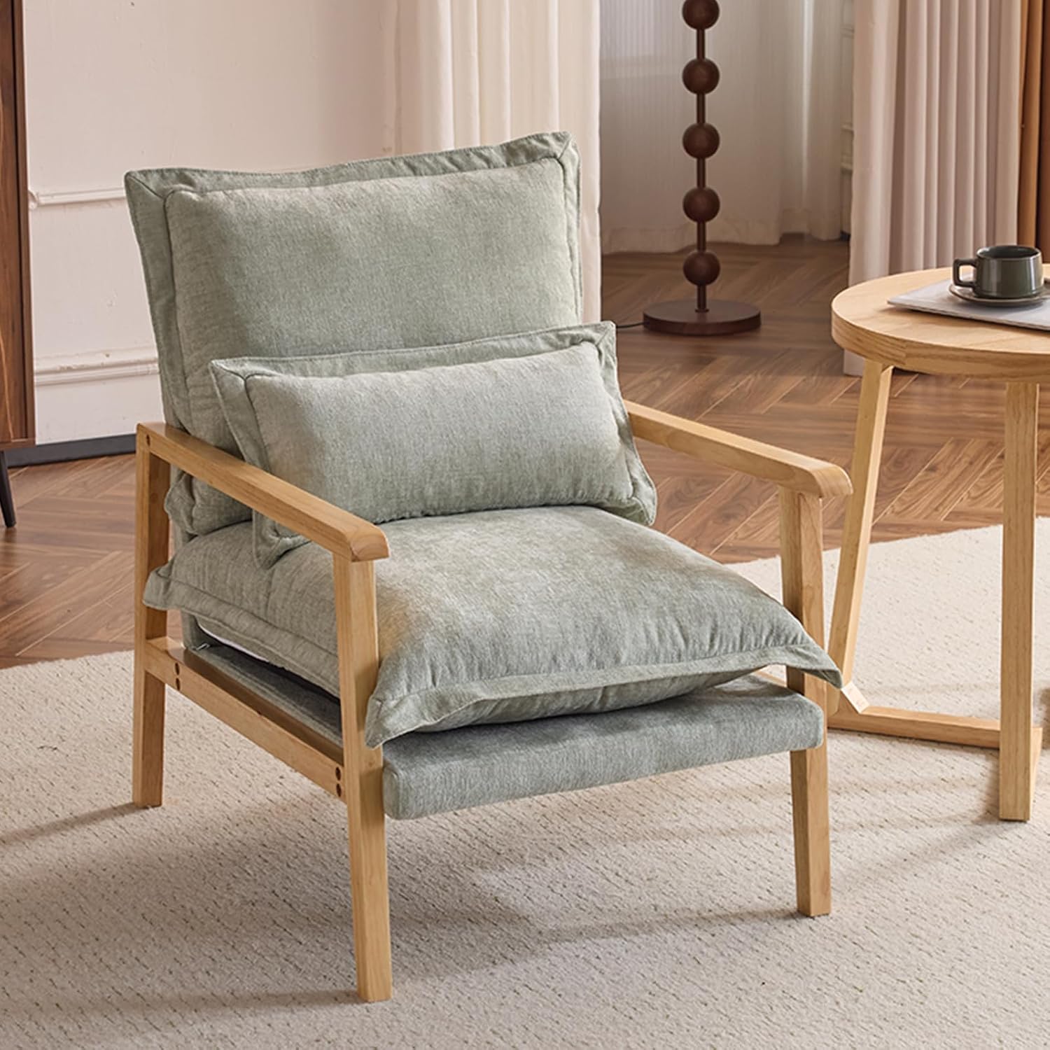 Bonnlo Mid-Century Modern Cloud Accent Armchair with Lumbar Pillow, 16cm Thick Seat Cushion Cozy Lounge Chair with Wooden Armrests for Bedroom, Living Room, Reading Room, Dark Grey (Green)
