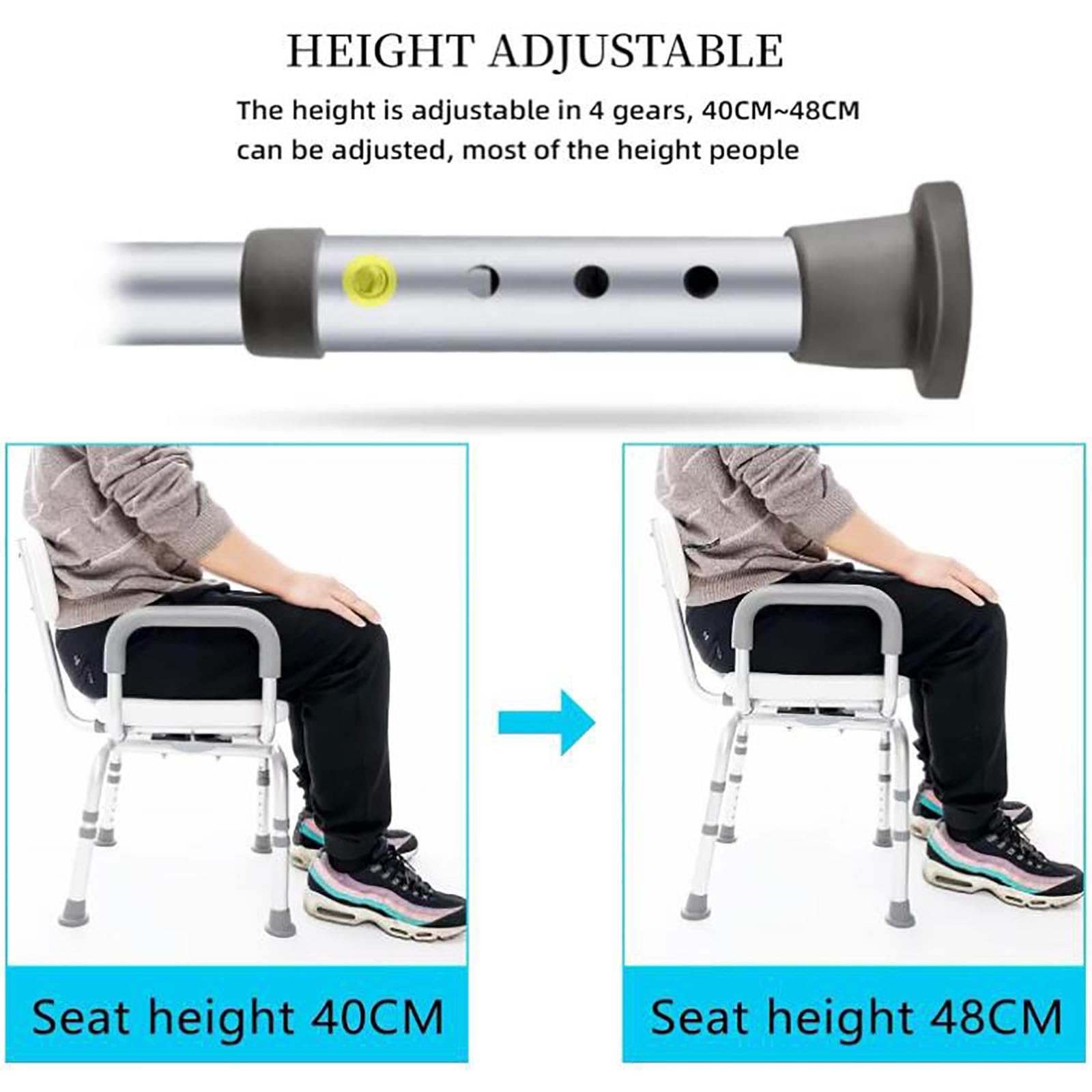 Silla de baño con apoyabrazos y respaldo acolchados, Asiento de Ducha Pivotante Portátil Taburete de Baño, Asiento Giratorio 360°Ajustable en Altura/Ventosas Antideslizantes/300Ibs de Carga