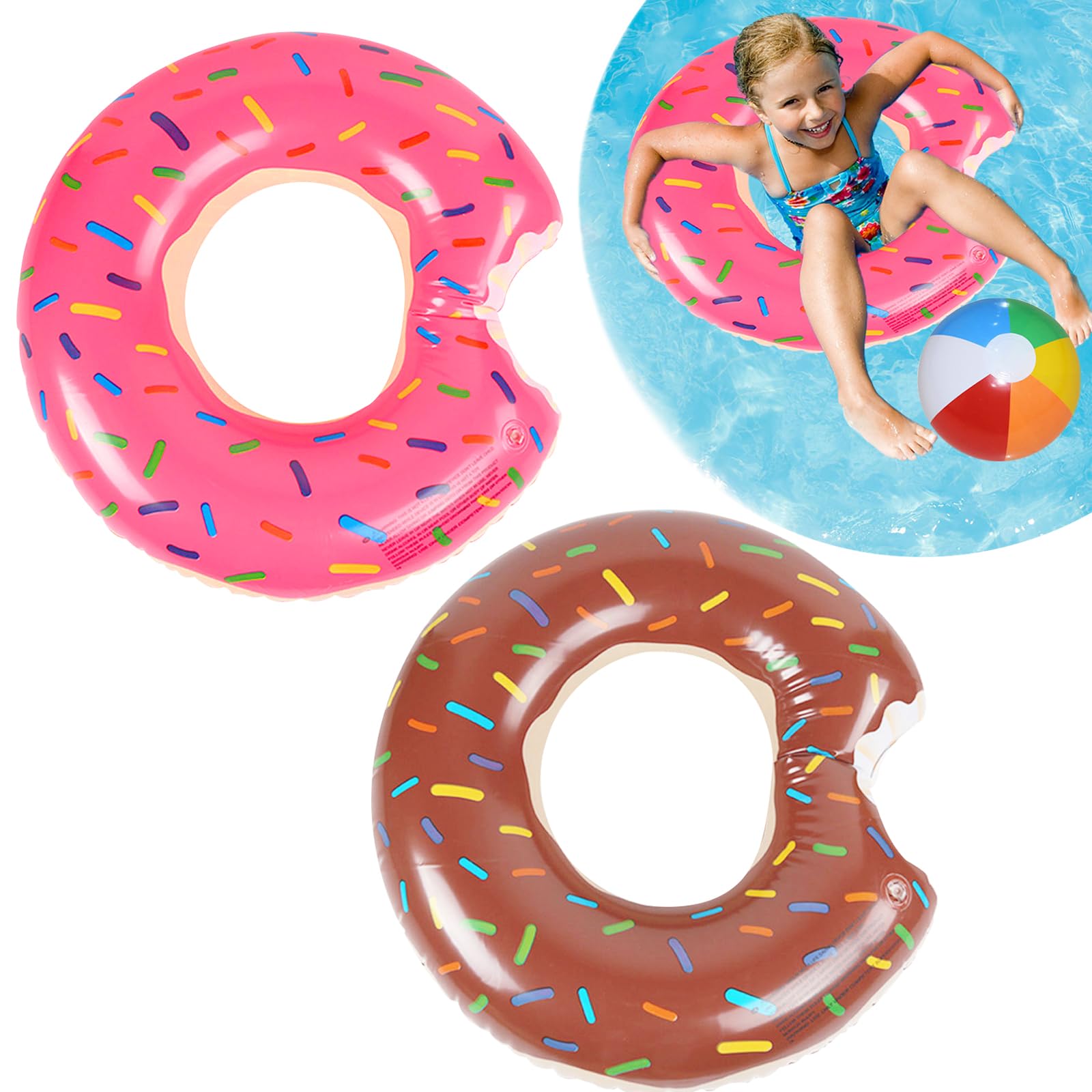 2Pcs Pool Inflatable Float Rubber Ring 90CM Donut Swim Rings in Pink & Brown with 1 Beach Balls, Rubber Ring Tube Water Pool for Kids Adults Summer Toys Beach Pool Party