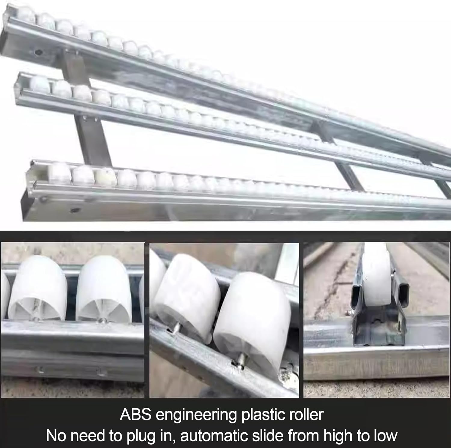 Light-Duty Conveyor Roller Slides, Unpowered ABS Plastic Rollers, Anti-Rust Frame, Splicable Warehouse Bucket Unloading System, Silver 40cm Width, 100cm Length