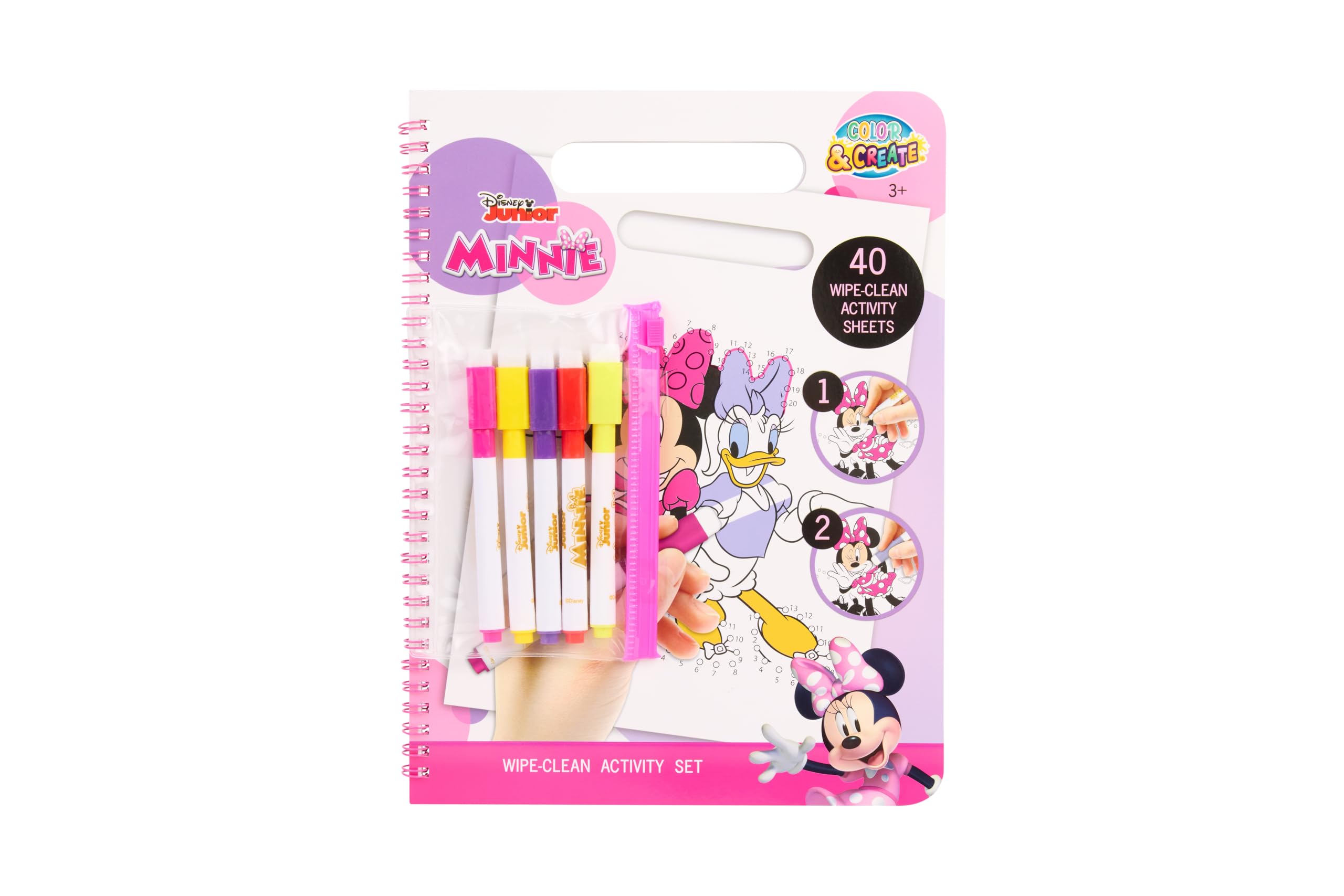 Disney Store Minnie Mouse Wipe-Clean Activity Book | Reusable Colouring Book for Kids 3+ | 40 Pages with Wipe-Clean Designs | Includes 5 Water-Based Multicolour Markers & Spiral Binding