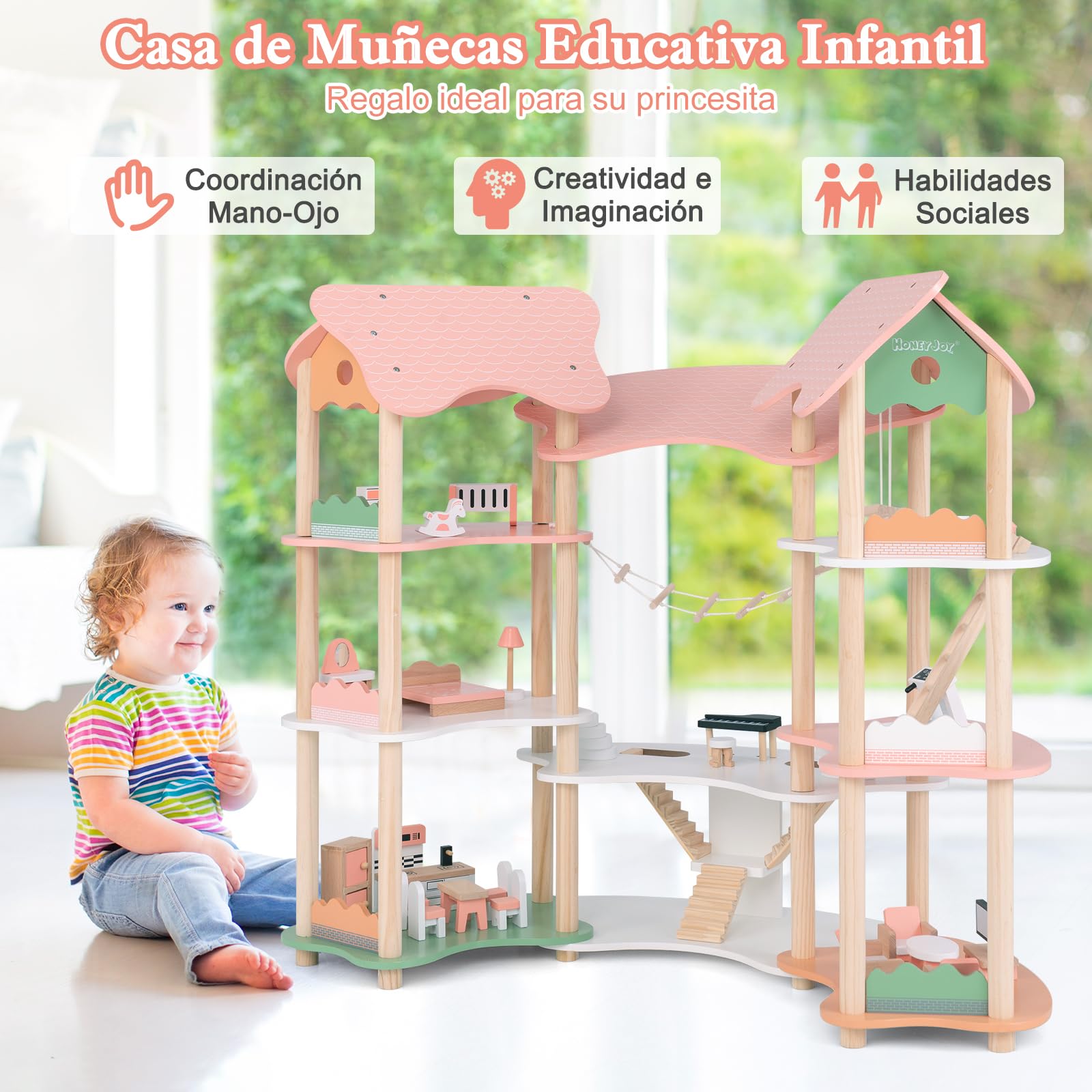 GOPLUS Casa de Muñecas de Madera de 3 Pisos Con 7 Habitaciones y 31 Piezas de Muebles, Encantador Juego Para Niños de 3+, Para Muñecos de 8-15 cm