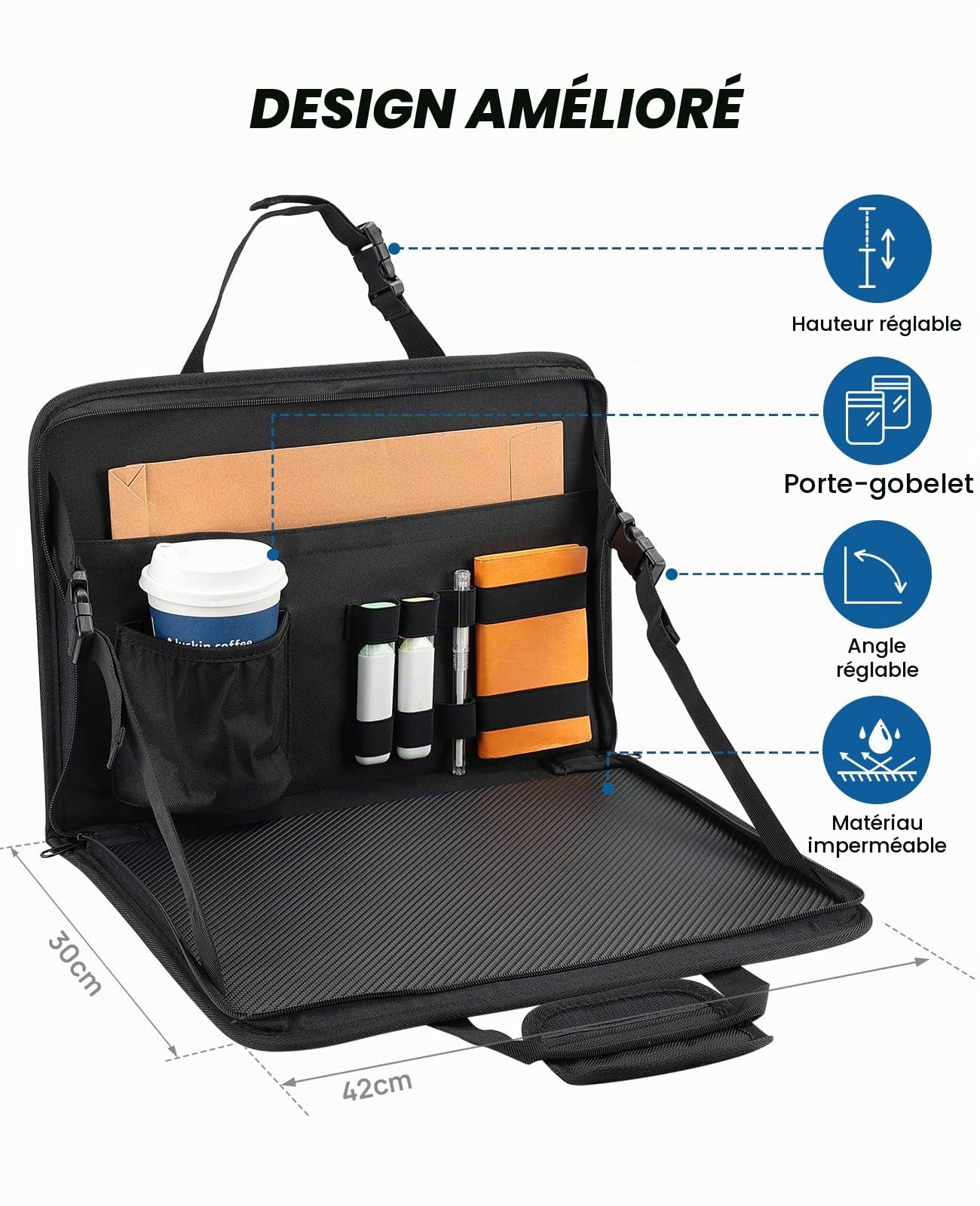 JOYTUTUS Table Voiture Plateau Repas Support Volant 3 en 1 avec Porte Gobelet Voiture, Plateau Voiture Multifonctionnel pour Travail Repas Organisateur Voiture Sac de Bureau pour Enfants Navetteurs