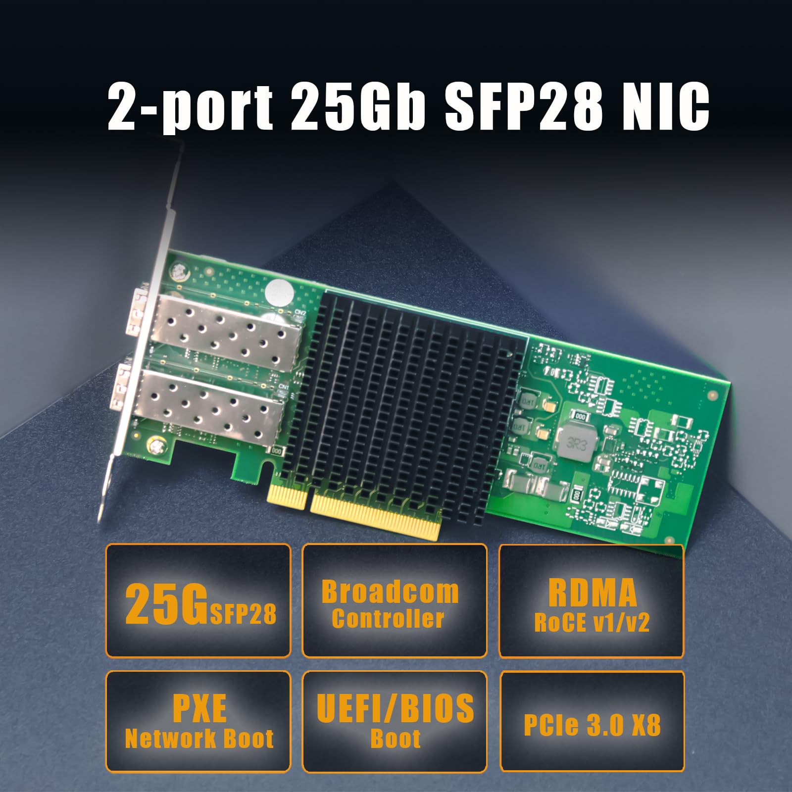 GLOTRENDS ST7443 Tarjeta de Red de Servidor PCIe 3.0 x8 con 2 Puertos 25GbE SFP28, Controlador Broadcom BCM57414, Compatible con RDMA (RoCE), SR-IOV, para Centros de Datos y HPC