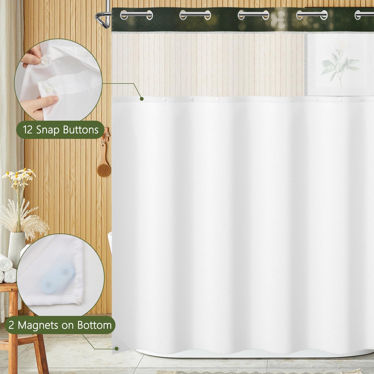 No Hook Black Cat Shower Curtain with Snap in Liner, Dreamy Wildflower Garden Art Bathroom Decor, Waterproof Double Layer Shower Curtains for Home, Mesh Top Window, 71 x 74 Inch