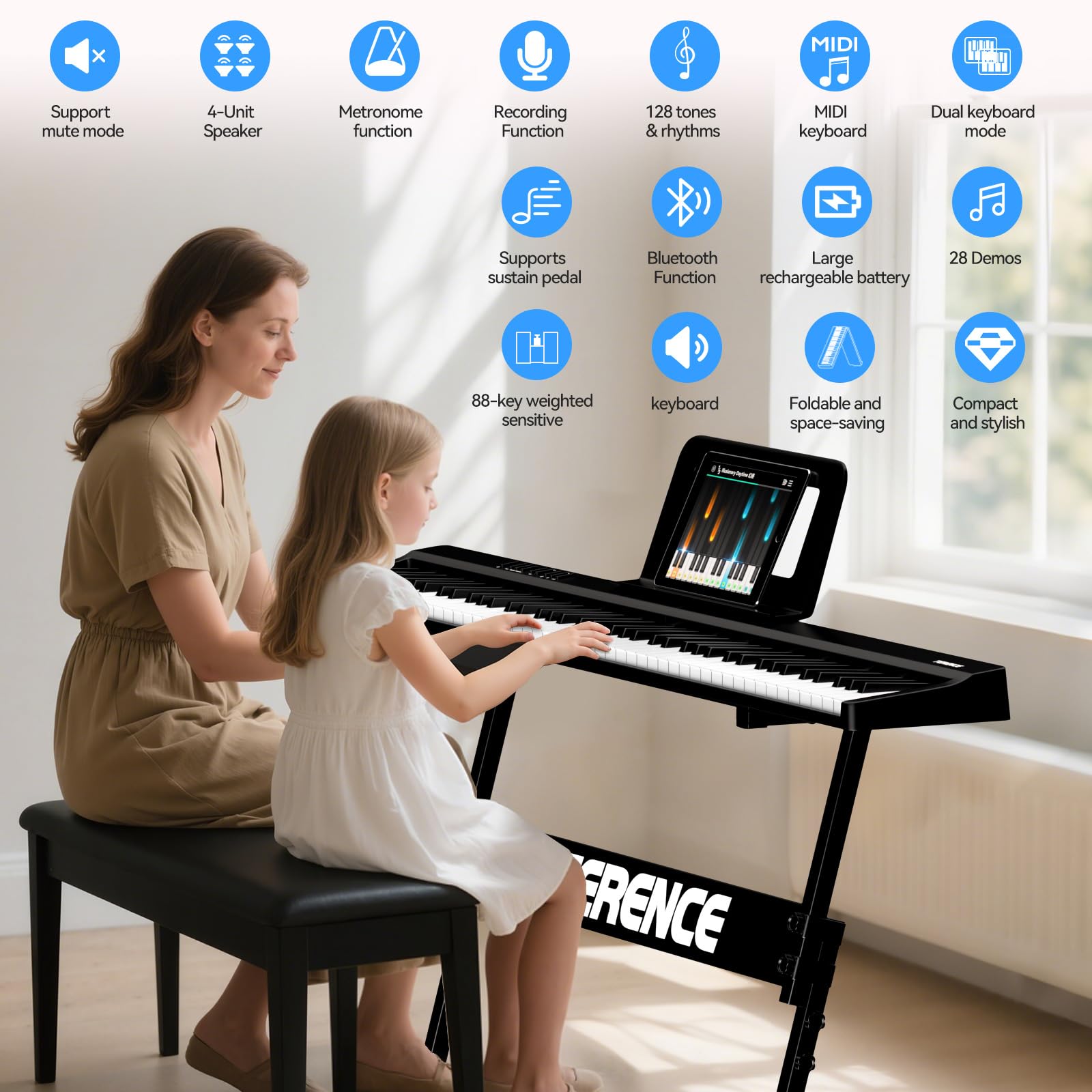 Piano Numérique Portable 88 Touches Pianos avec Z Support TERENCE Clavier de Piano Semi-lesté 88 Touches pour Débutants et Experts, Fonction d'enregistrement audio intégrée Interface Bluetooth MIDI