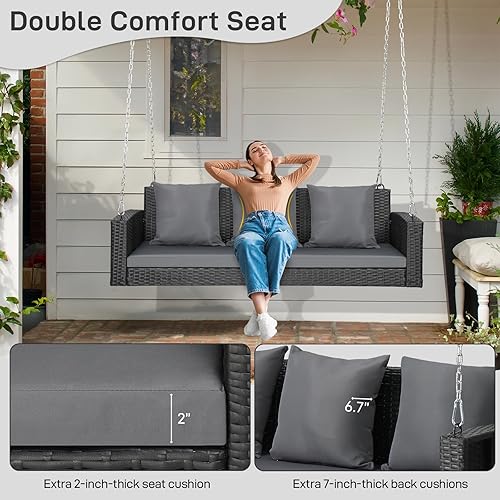 Miniatura 5 de Outvita Columpio para porche, columpio colgante de 5 pies para exteriores, columpio de mimbre para 3 personas, con cojín, almohada y cadena para