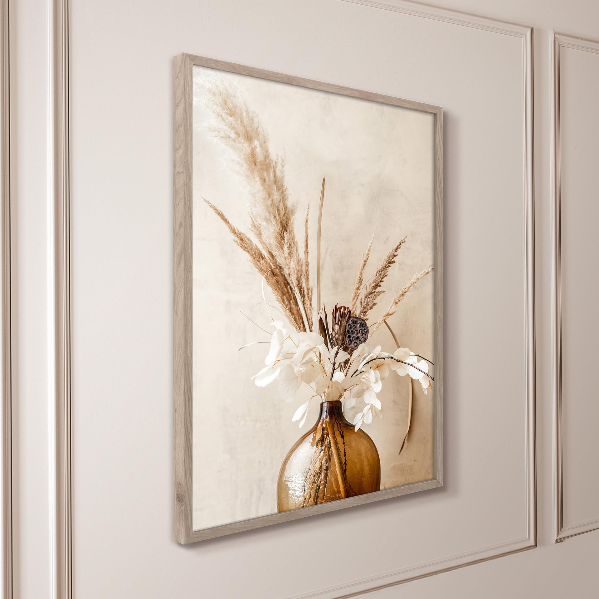 STYLER Tableau Boho Vase 50 x 70 cm avec Cadre en Bois – Herbe de la Pampa & Fleurs Séchées – Tableau Boho Japandi Naturel Beige