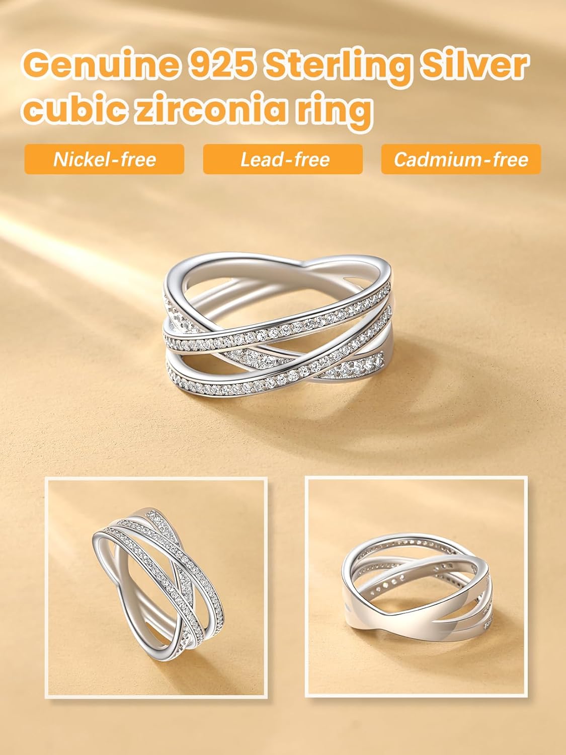 Bestyle 925 Sterling Silver Simulated Diamond CZ Criss Cross Ring for Women, Infinity Love Statement Rings CZ Eternity Engagement Wedding Band Ring for Her - Image 6