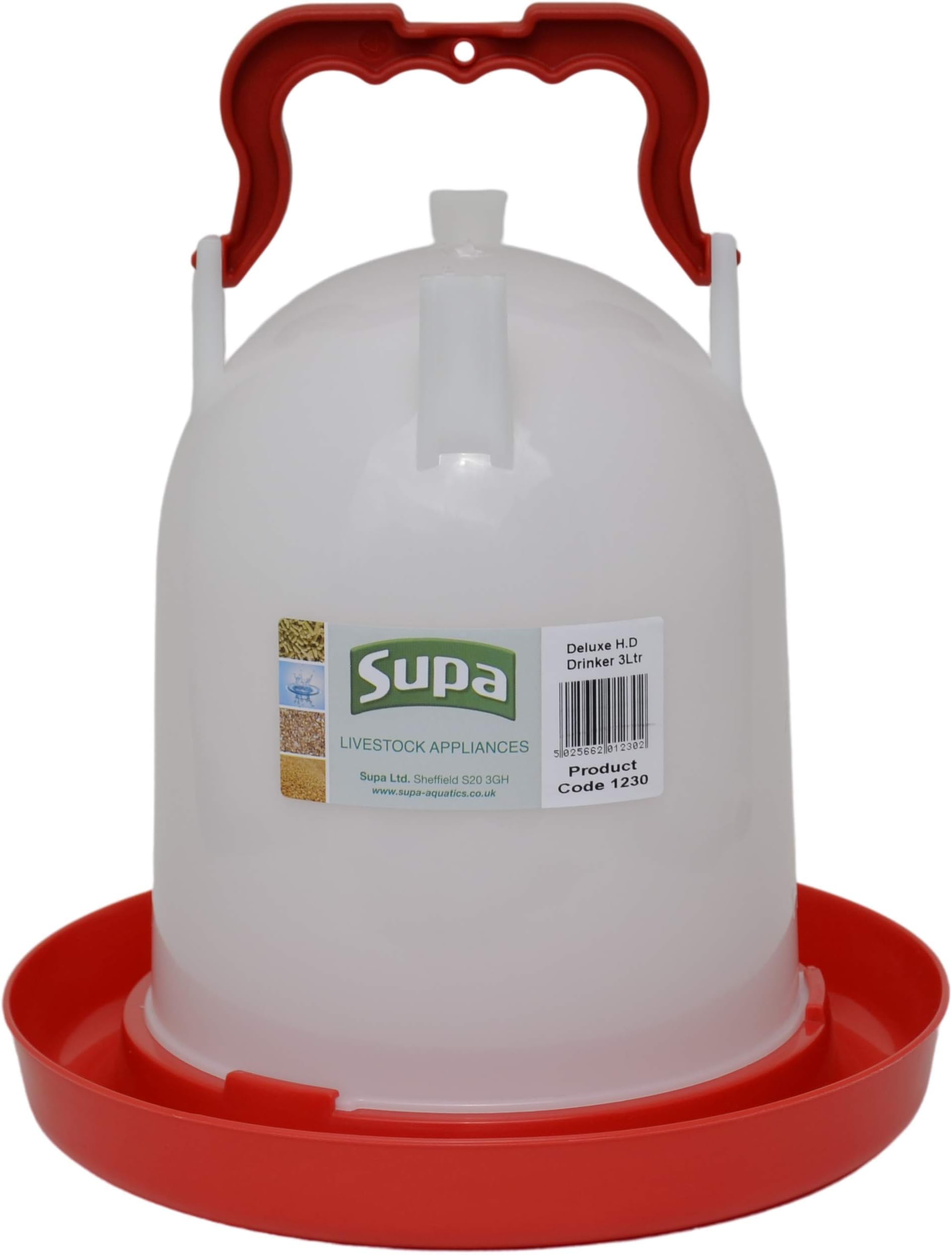 Supa Deluxe Heavy Duty Poultry Water Drinker, 3 Litre Premium Quality Drinker, Made In The UK,Red & White,3XL