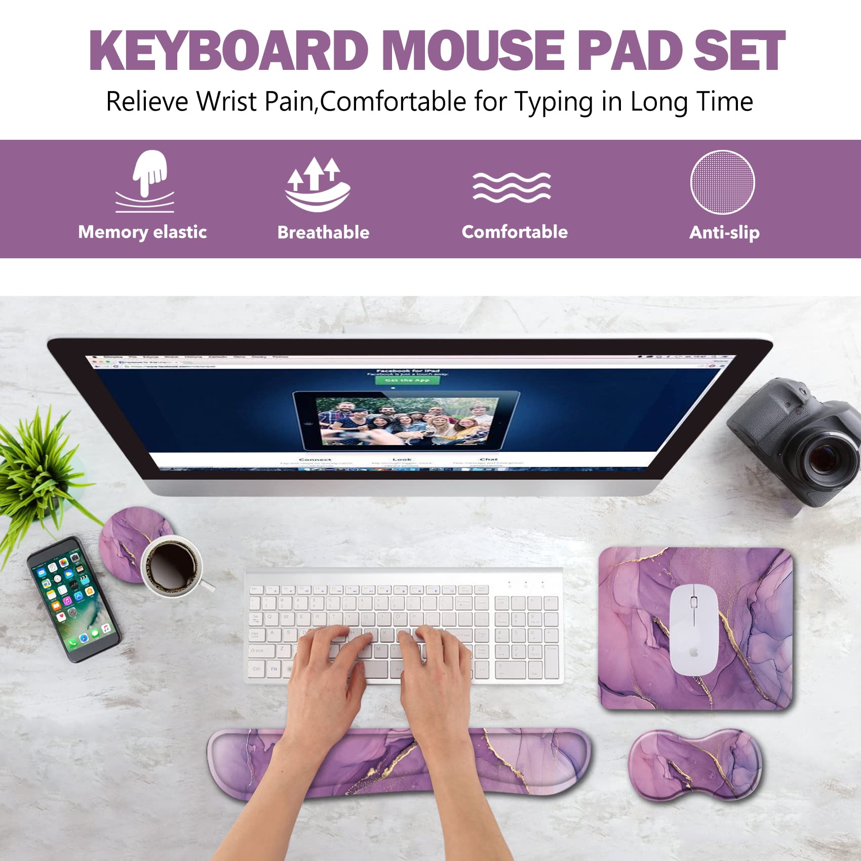 AIMSA Tastatur-Handgelenkauflage + Mauspad + Maus-Handgelenkauflage + Untersetzer, ergonomischer Memory-Schaum, rutschfeste Gummiunterseite, 4-teiliges Set, einfaches Tippen, Schmerzlinderung, lila