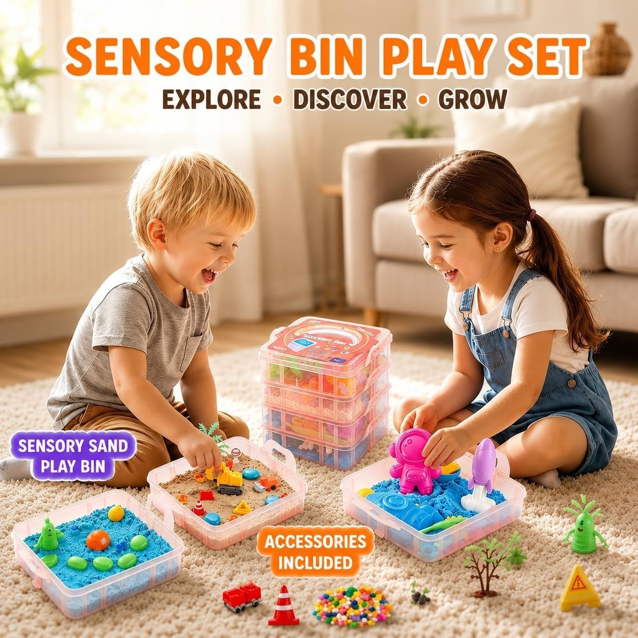 AGENTLAN Stackable Sensory Bin, Construction & Space Sensory Sand Play Set | Construction and space themes play sand kit, gift for toddlers, boys and girls ages 3+