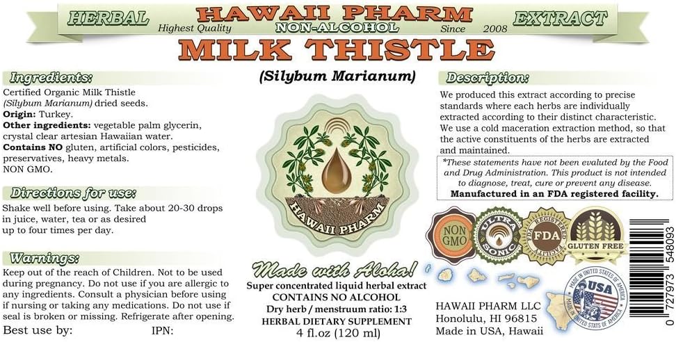 Milk Thistle Alcohol-Free Liquid Extract, Organic Milk Thistle (Silybum marianum) Dried Seed Glycerite Natural Herbal Supplement, Hawaii Pharm, USA 4 oz - Image 2