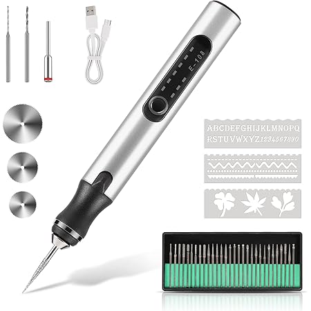 TOBTOS Electric Engraving Pen Kit with 35 Bits, USB Rechargable Etching Engraver Tool with 16 Stencils, DIY Cordless Engraving Machine for Jewelry Metal Glass Wood Stone (Silver)