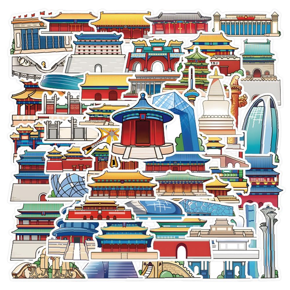 Beijing City Stickers |52Pcs China Capital Famous Buildings Waterproof Vinyl Decals for Water Bottles Cup Computer Mobile Phone Skateboard Guitar