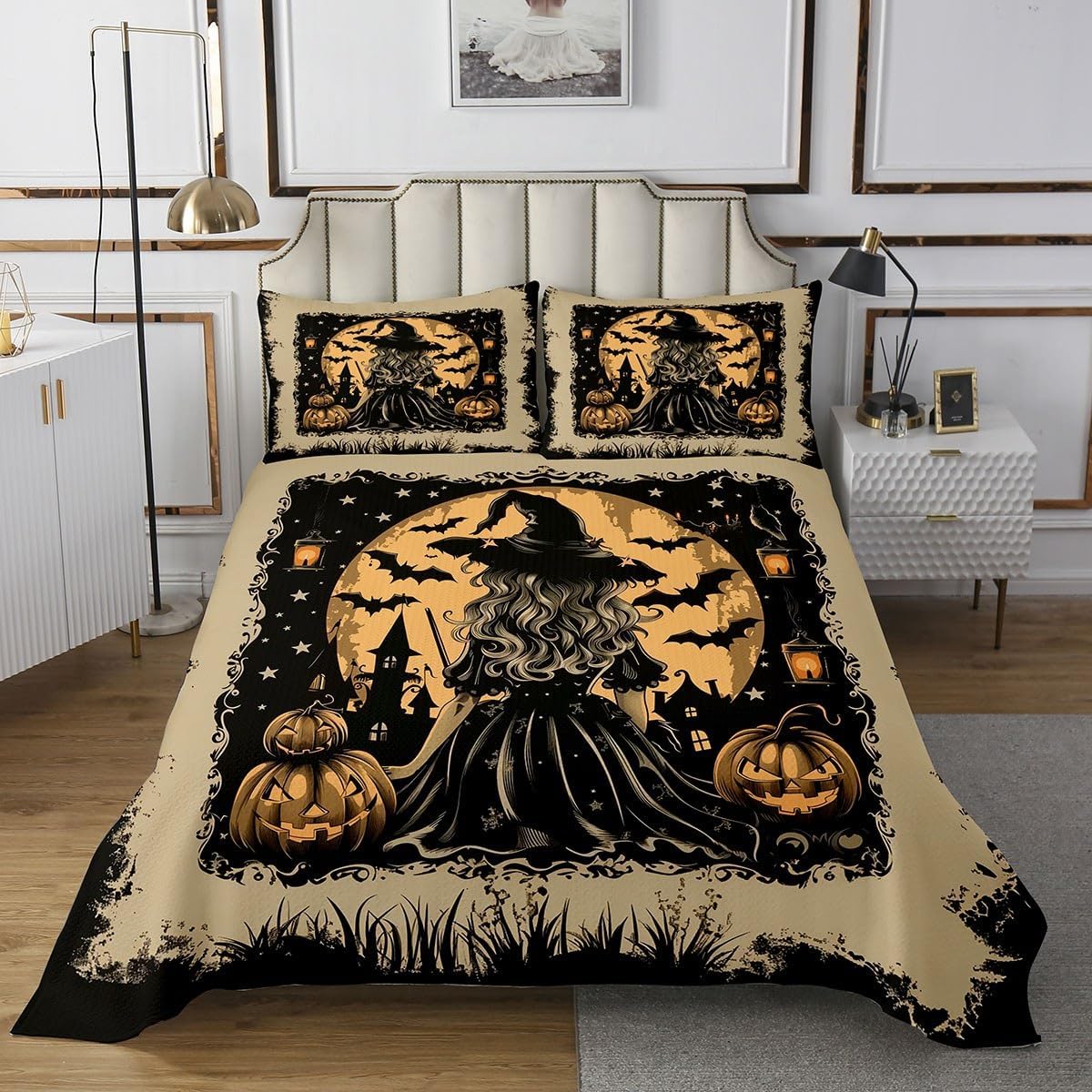 Manfei Halloween Bedspread King Size,Black Bats Witch Coverlet Set 3pcs,Pumpkin Lantern Gothic Quilted Coverlet with 2 Pillowcases,Kids Boys Room Decor,Soft Bedding Quilt