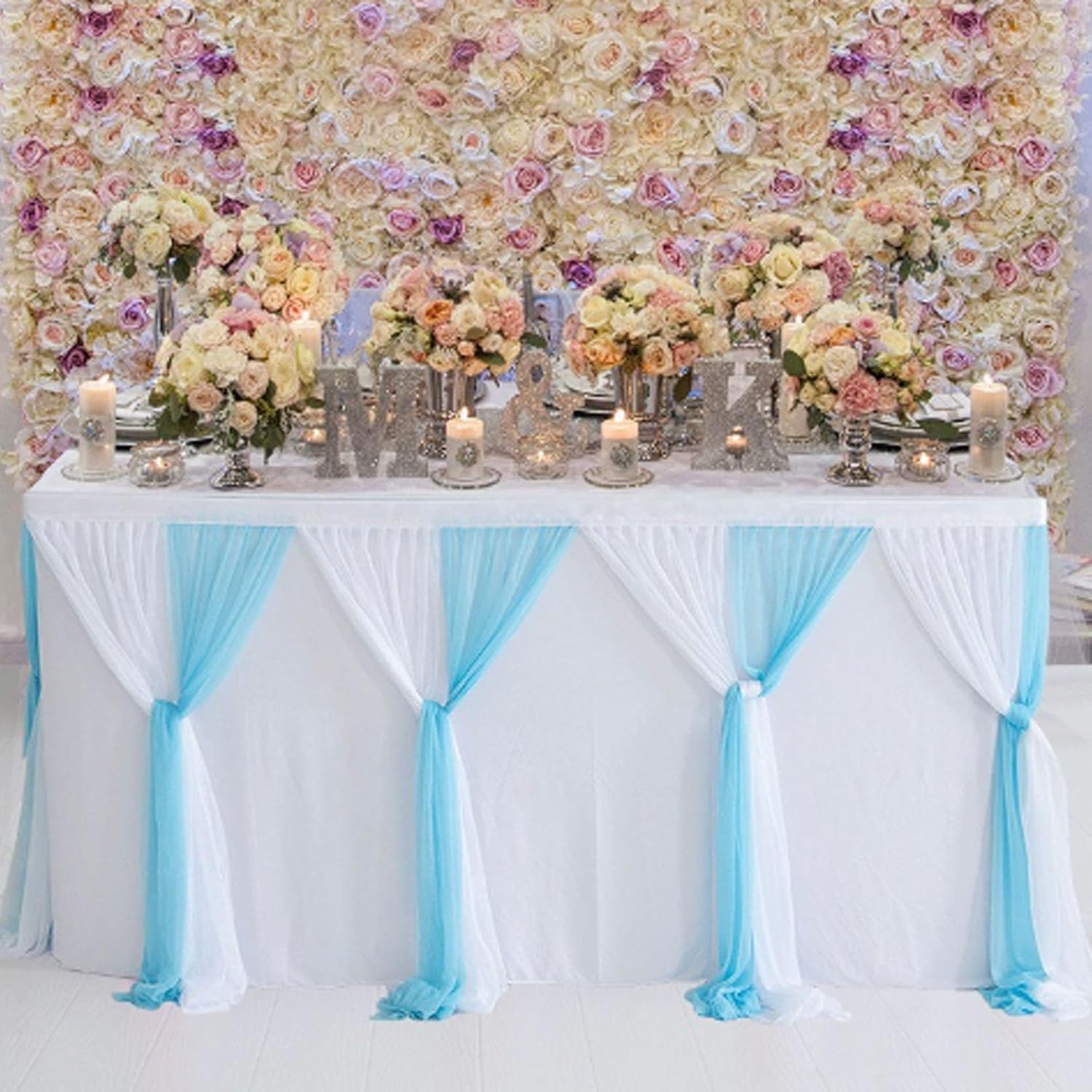 Pink White Tulle Table Skirt 6ft Baby Shower Tablecloth Tutu Table Skirt for Princess Girl Birthday Party Buffet Banquet Decorations(White plus blue,9ft/275cm)