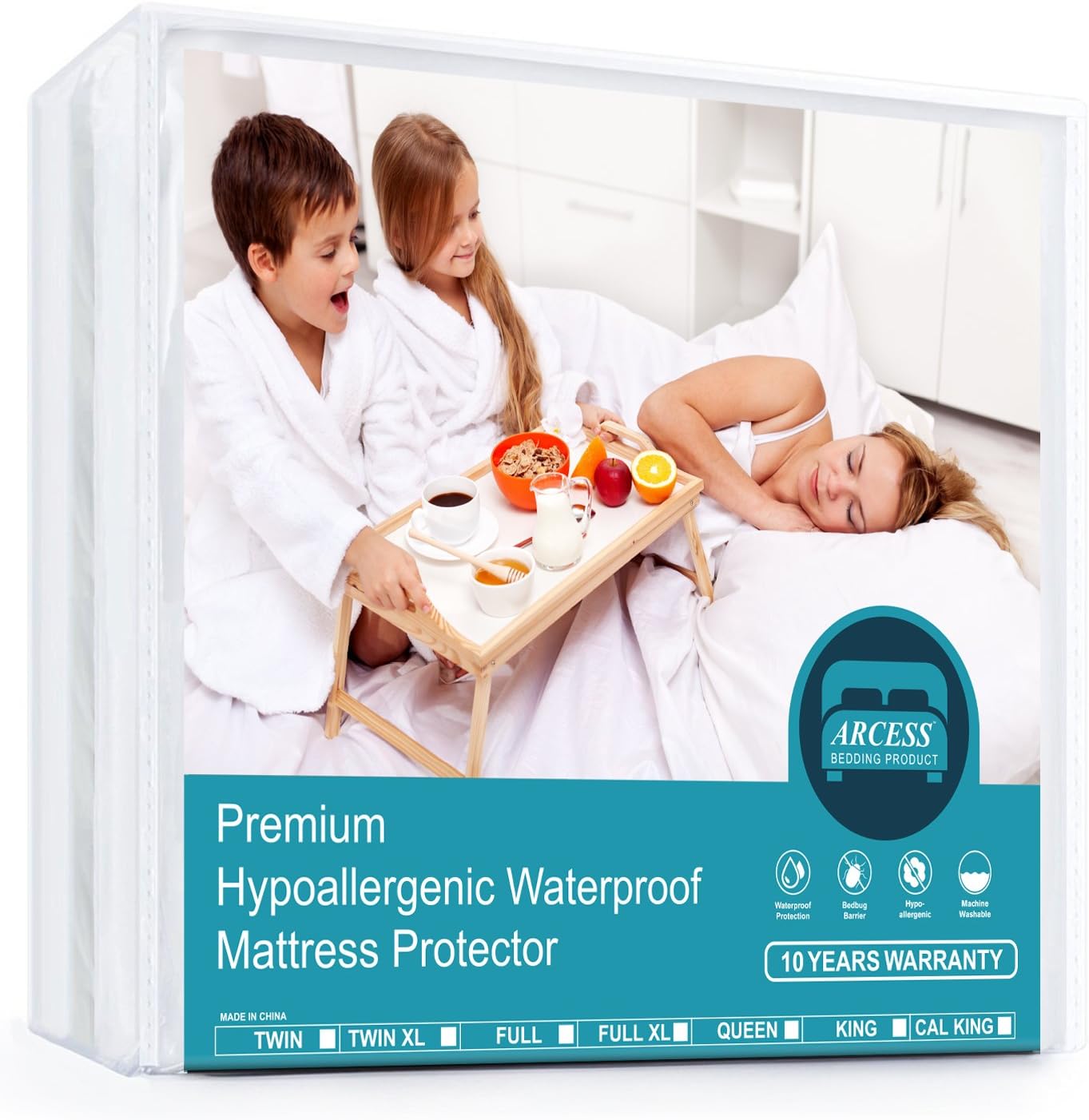 ARCESS Hypoallergenic Waterproof Mattress Protector, Premium, Noiseless Soft Fluffy Bed Mattress Protector Cover, 10 Years Warranty, Vinyl Free, Queen