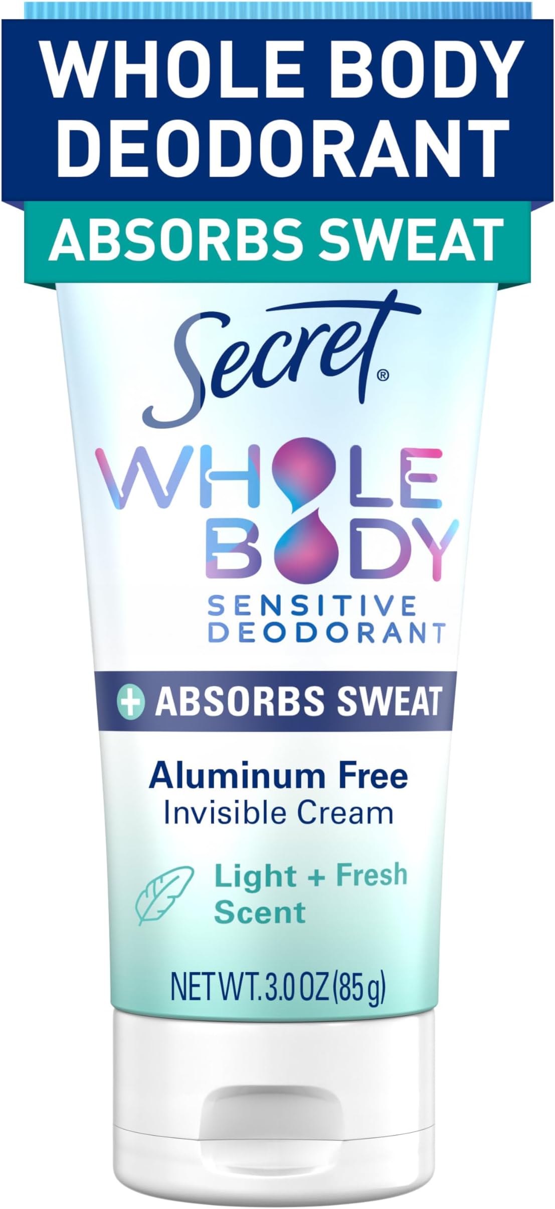 Whole Body Deodorant Dry Feel Cream + Absorbs Sweat for Women, Light & Fresh Scent, Aluminum Free Deodorant, 72 HR Odor Protection, 3.0 oz