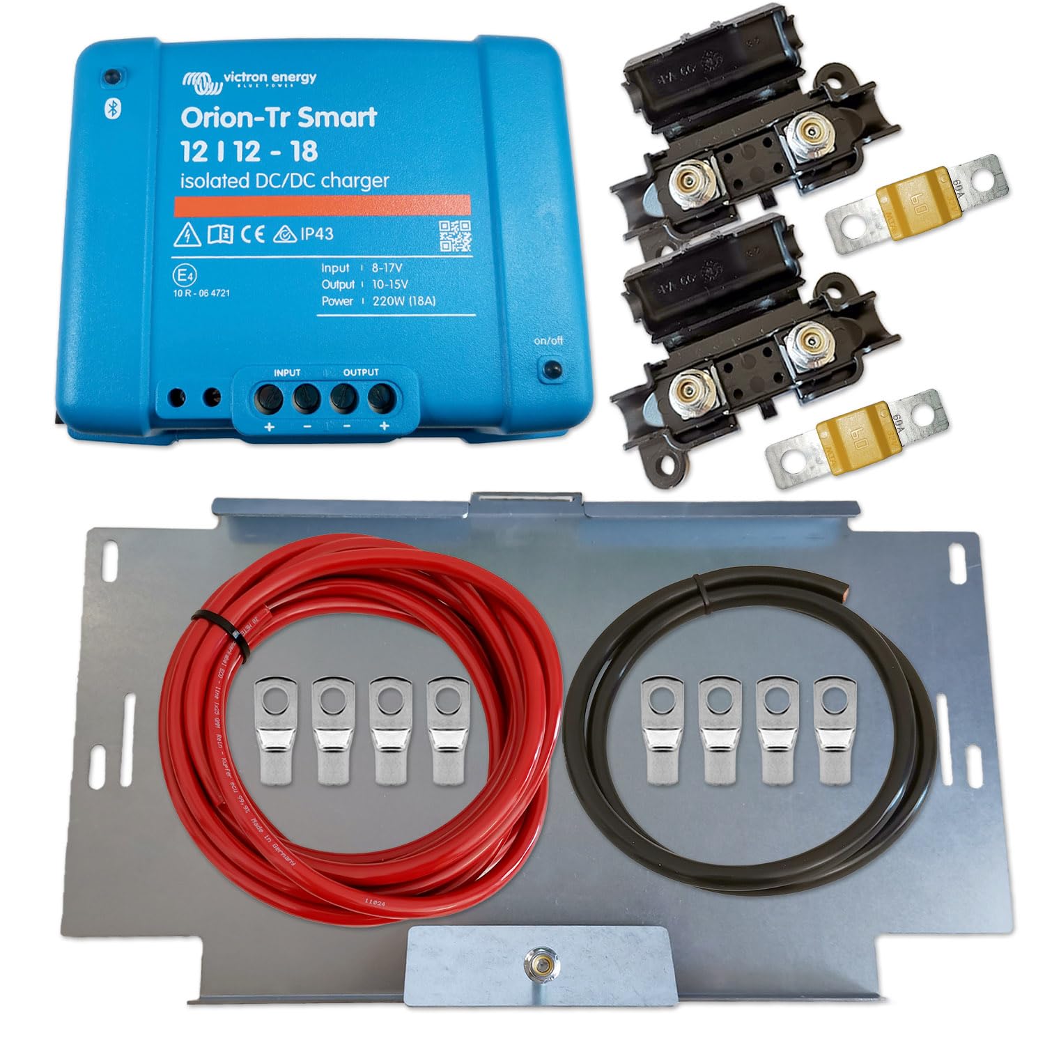 Ladebooster-Set Orion-Tr Smart 12/12-18 | DC-DC Ladebooster 12 V 18 A isoliert | 6 m Kabelsatz 16 mm² Kupfer | Batteriehalter für Wohnmobil Camper EURO6