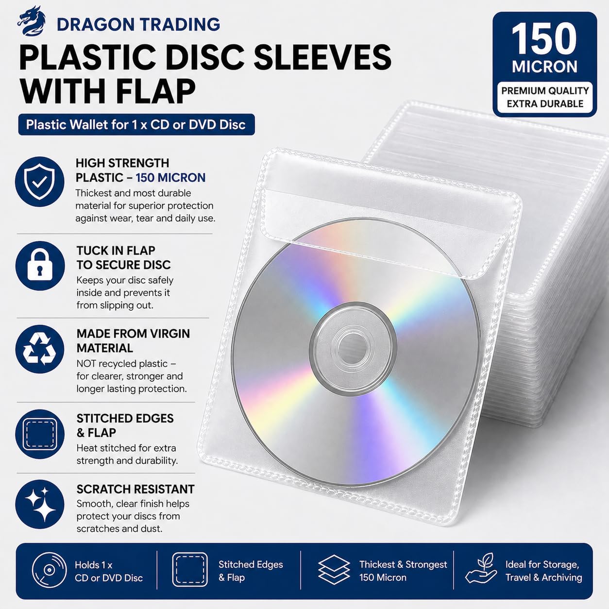 100 buste trasparenti in plastica per CD, DVD, custodie trasparenti da 150 micron, confezione da 100, marca Dragon Trading®