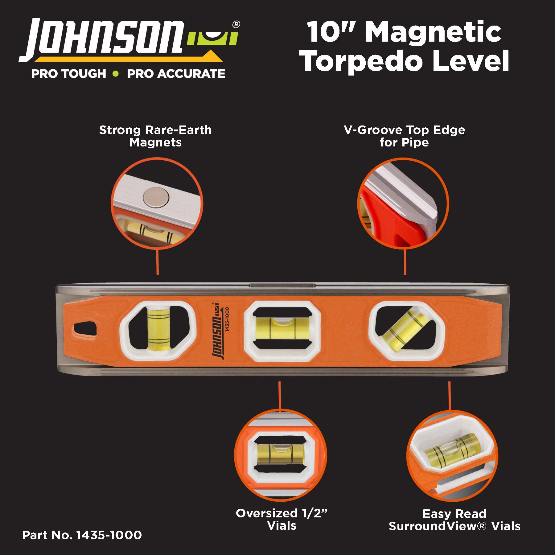 Johnson Level & Tool 1435-1000 Magnetische Torpedo-Wasserwaage, 25,4 cm, 1 Ebene