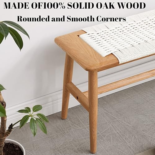 Miniatura 4 de Banco de comedor de madera, roble macizo 100% natural con diseño de ratán, borde redondeado, banco para entrada, comedor, dormitorio, sala de estar