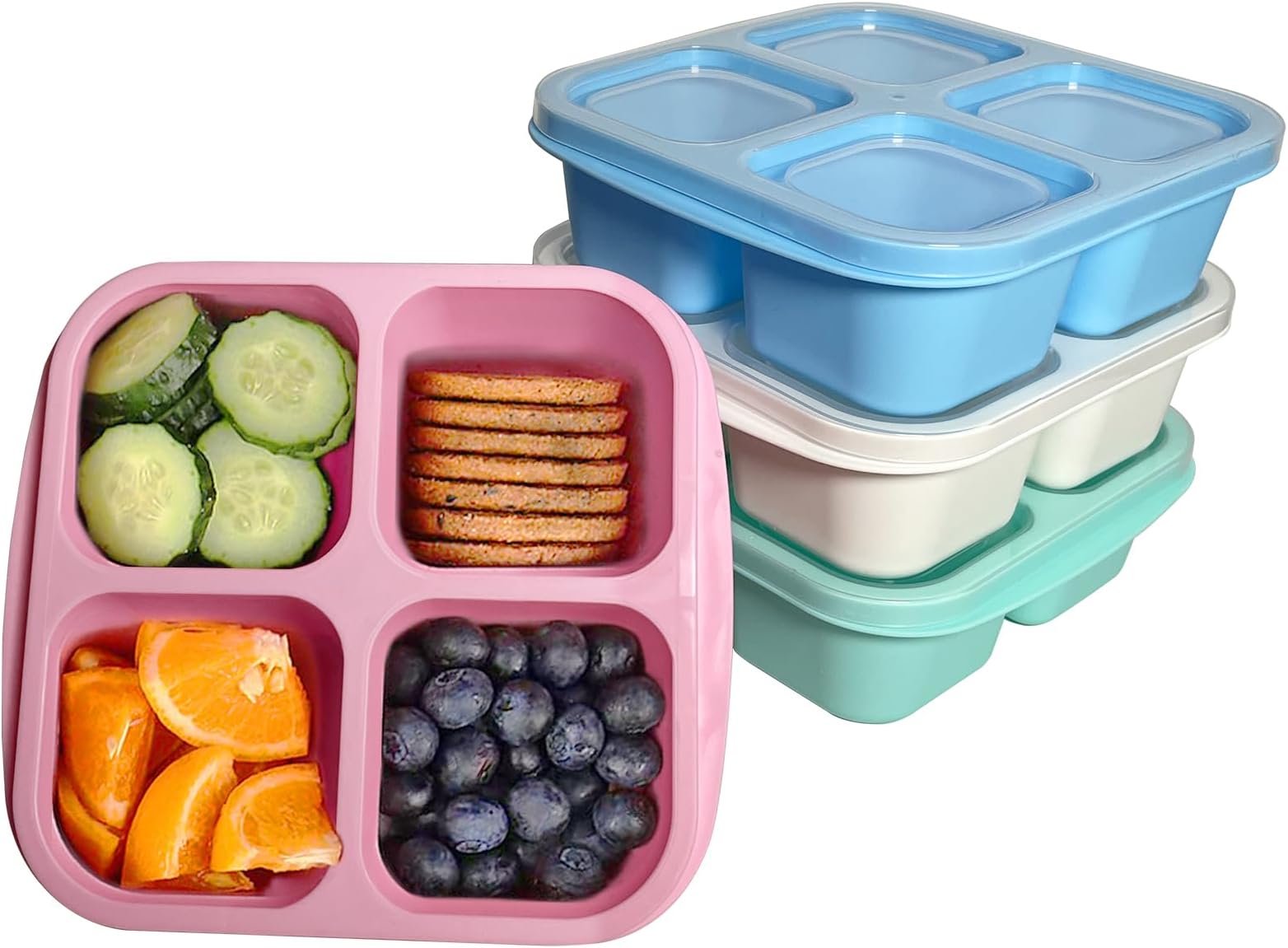 4 Pack Snack Containers, 4 Compartments Bento Snack Box, Reusable Meal Prep Lunch Containers for Kids Adults, Divided Food Storage Containers for School Work Travel (Green/Blue/Pink/White)