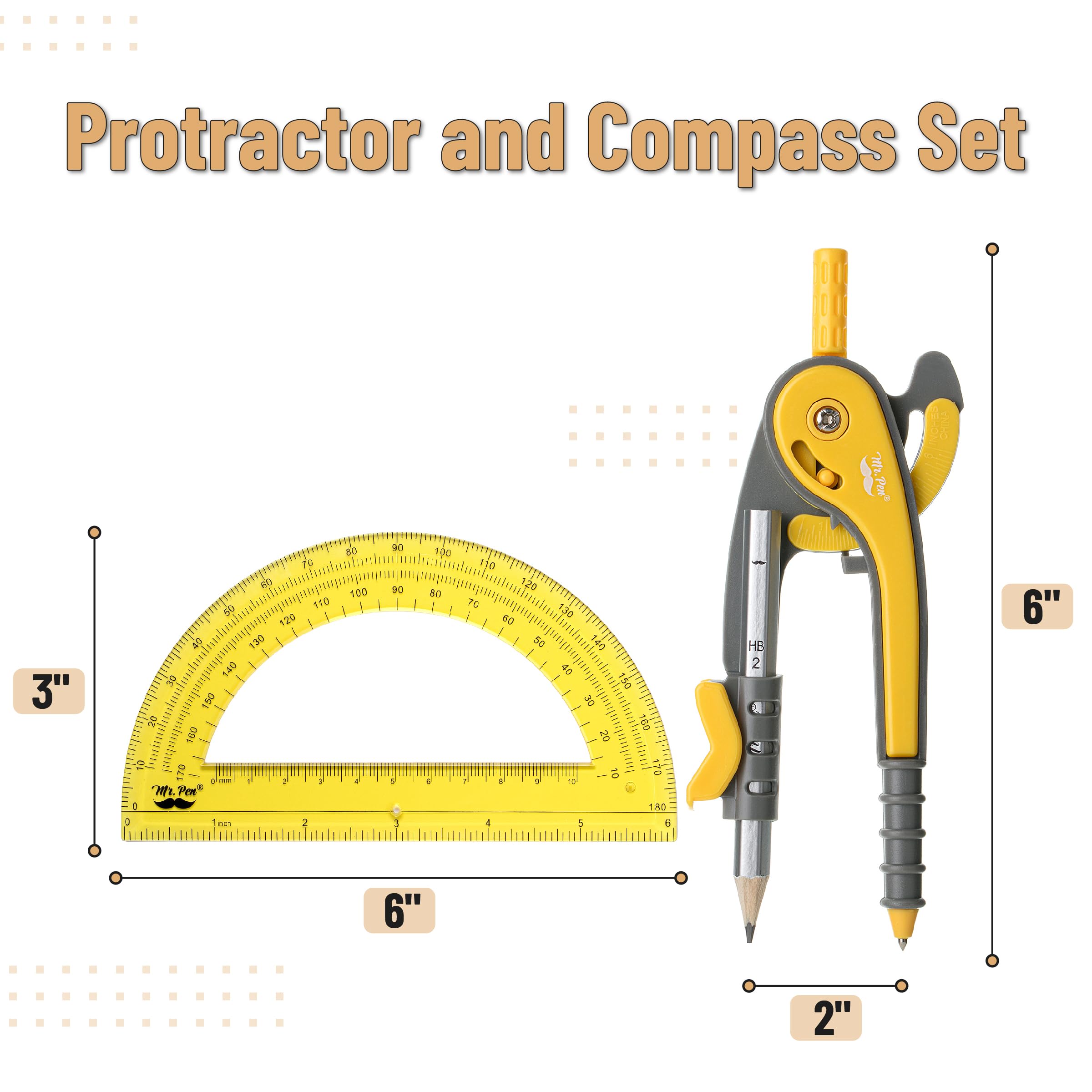 Mr. Pen- Compass and Protractor Set, Yellow, Compass Geometry Tool, Protractor and Compass Set, Compass Drawing Tool - Image 2