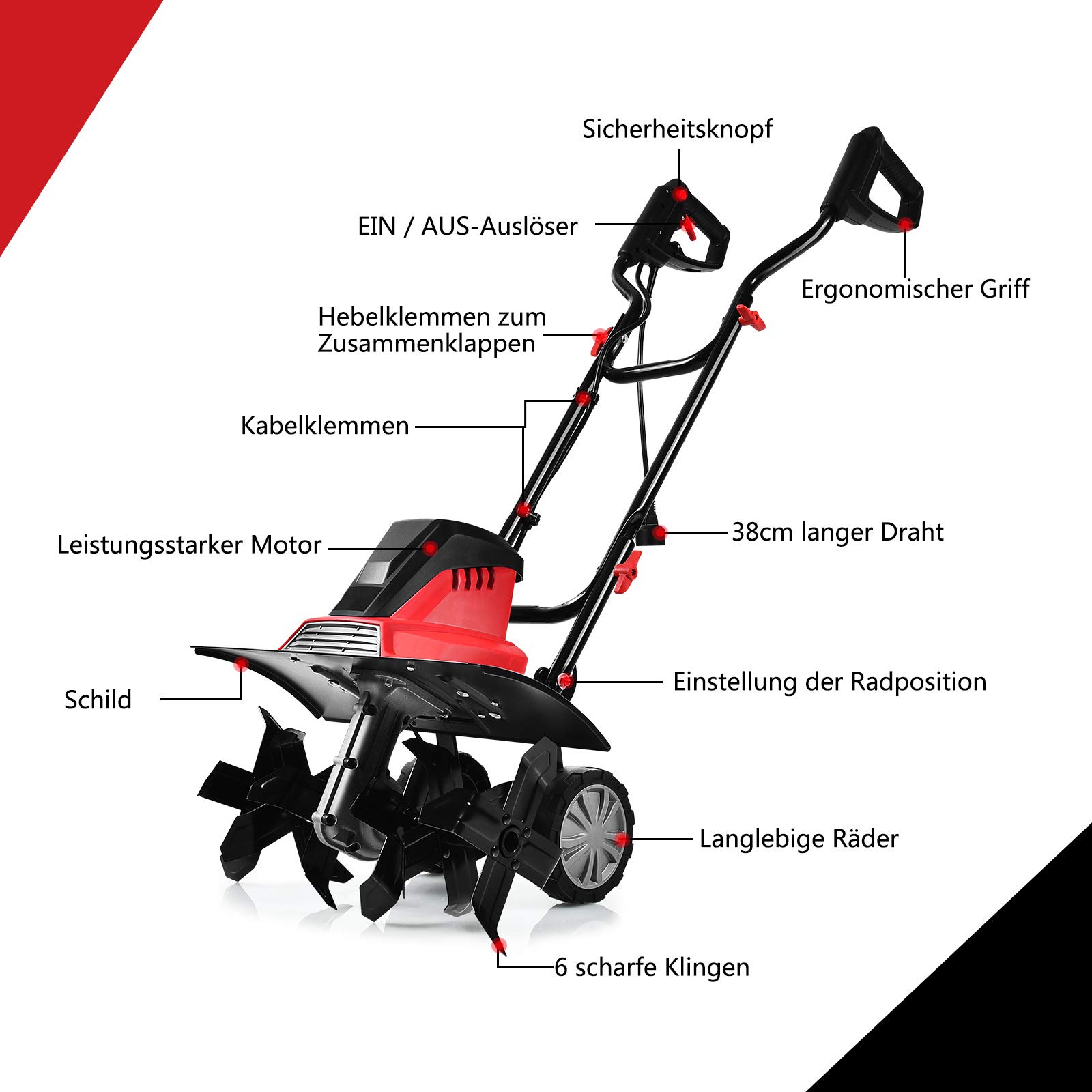 FANTASK 1500 W Elektryczny ground Hoe 400 RPM z 6 nożami do siekania, Tiller Garden Tiller, szerokość robocza 43 cm i głębokość robocza 22 cm, czerwony + czarny