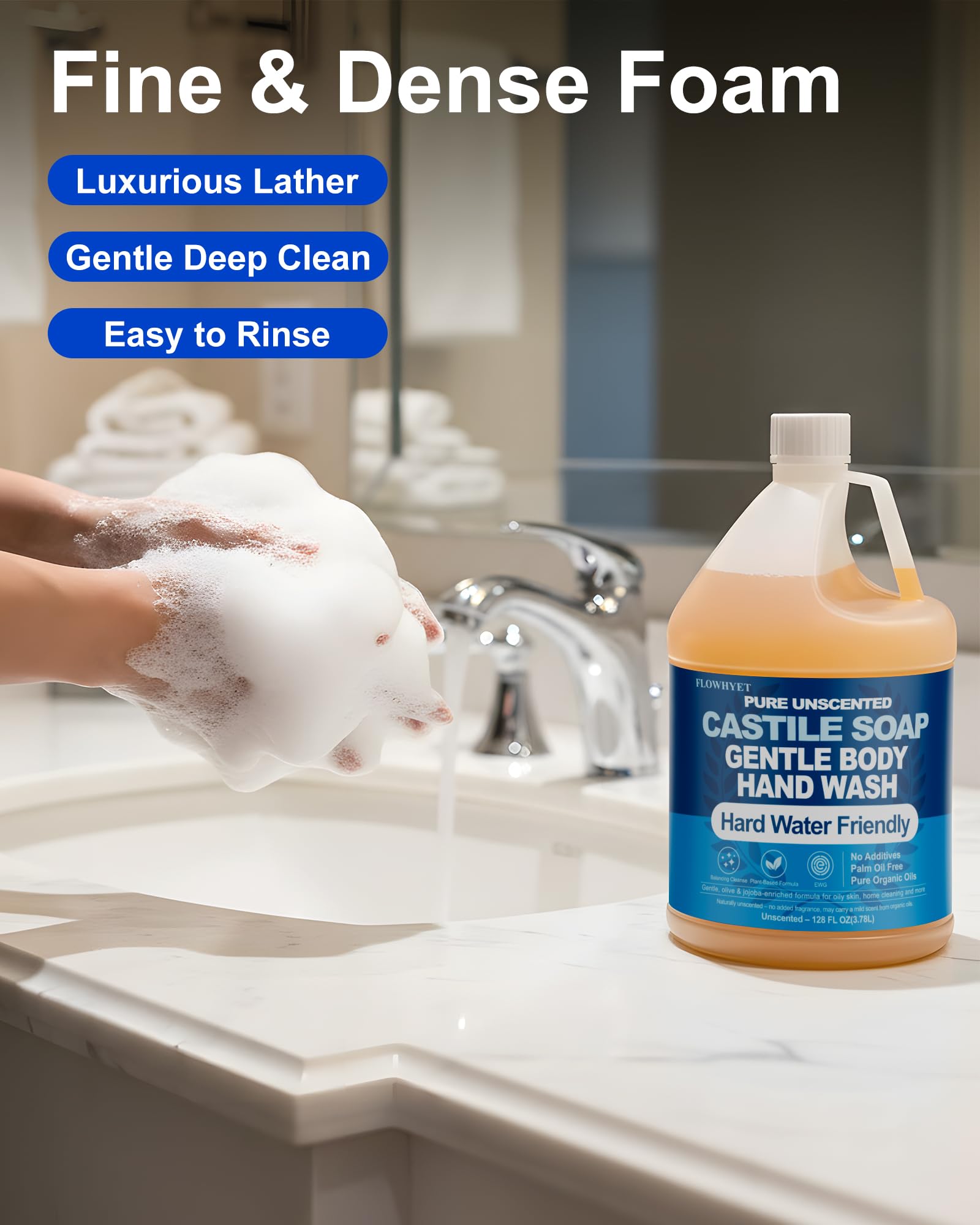 FLOWHYET EWG Verified Pure Castile Soap Liquid, Unscented, 1 Gallon