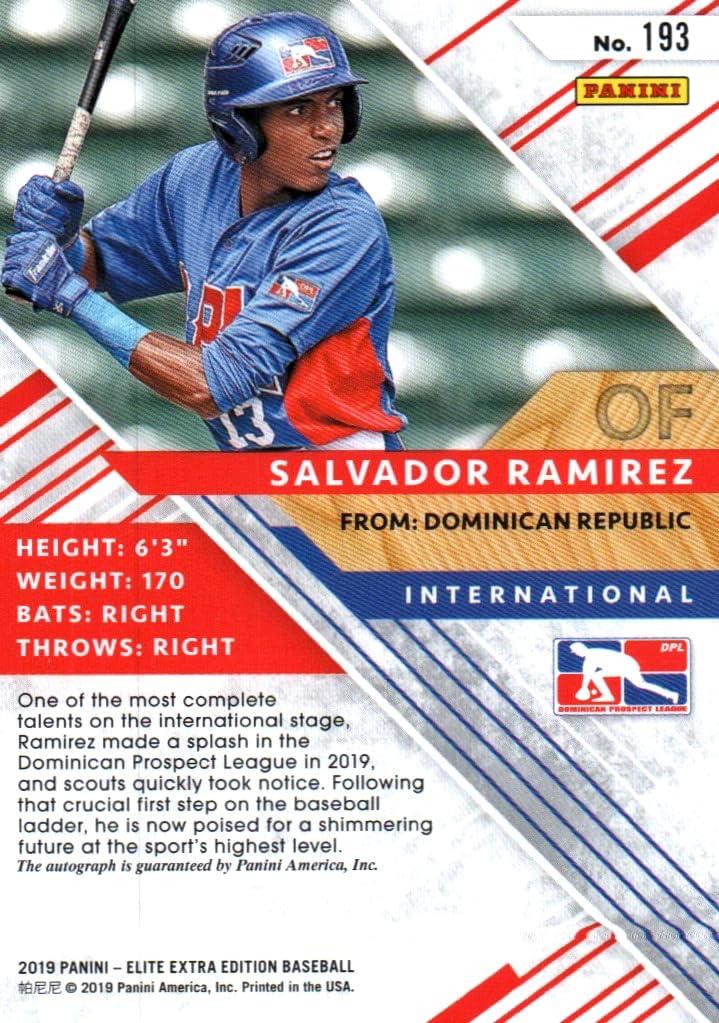 Salvador Ramirez Autographed Collectible Baseball Card - 2019 Panini Elite Extra Edition Baseball Card #193 (Dominican Prospect League) Free Shipping & Tracking
