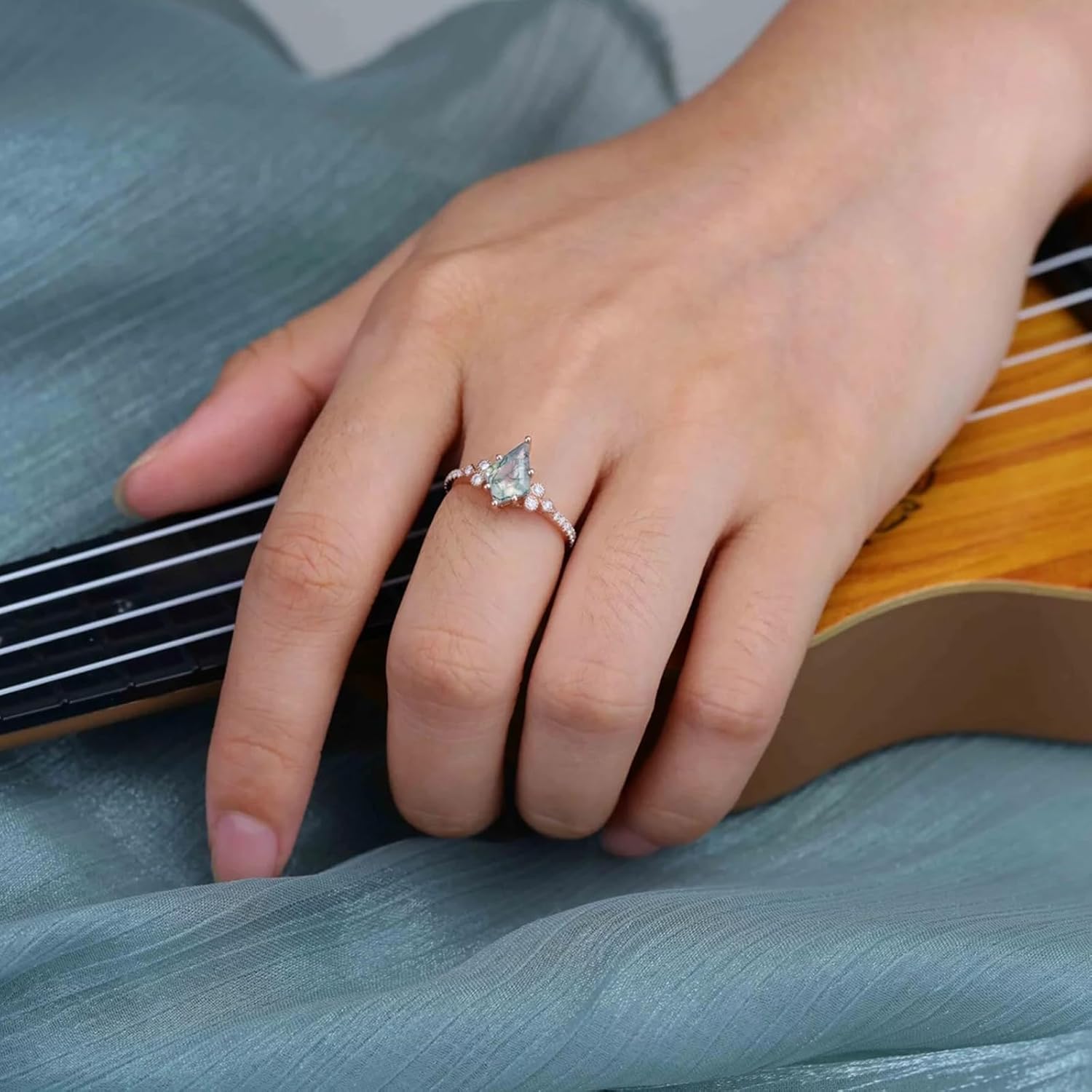 Moss Agate Ring 1.5ct Kite Cut 925 Sterling Silver/Solid 10K/14K/18K Gold Moss Agate With Moissanite Engagement Rings For Women Wedding Bridal Set