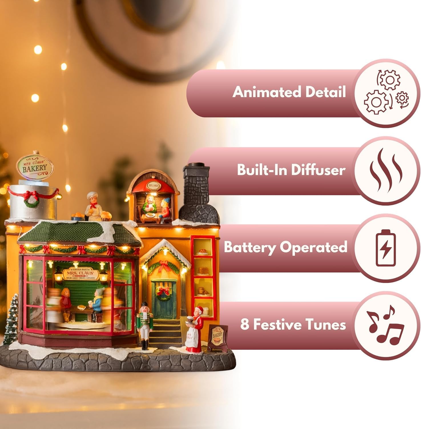 Marco Paul Christmas Decoration Musical Light Up Village Scene with Moving Train and Santa Sleigh - LED Santa & Reindeer Decoration, Polyresin Festive Ornament (Santa and Train)