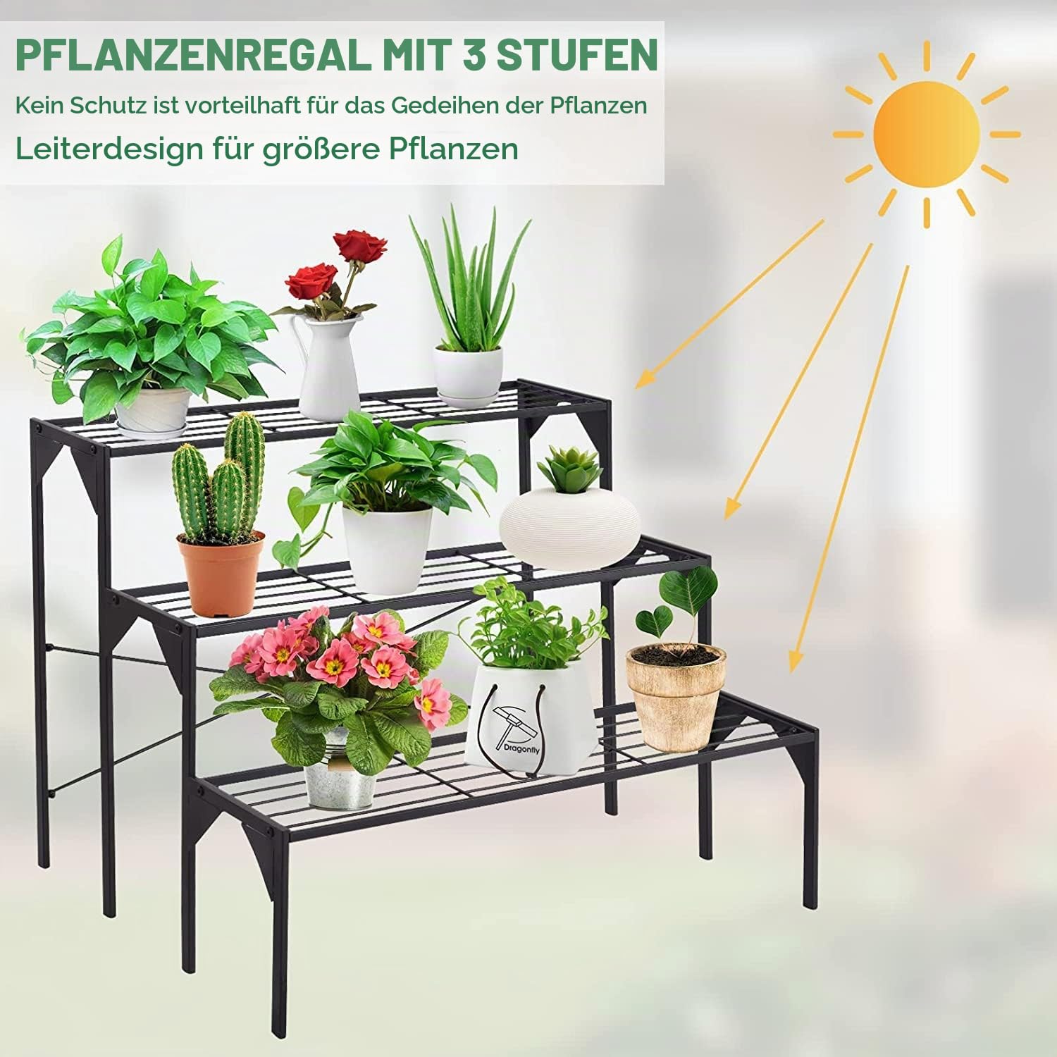 RELAX4LIFE Blumentreppe 3-stufig, Blumenregal aus Metall, Blumenständer mit 3 Ebenen, Pflanzenständer Freistehend, Pflanzentreppe für Balkon Terrasse Garten Wohnzimmer (Leiterform 2)