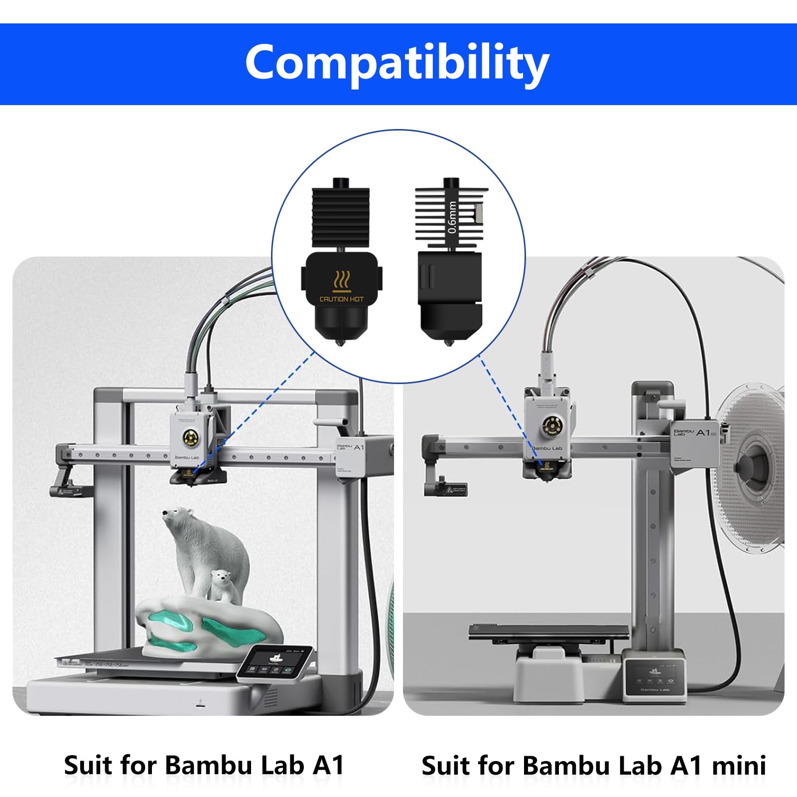 2 sztuki 0,4 mm + 0,6 mm Hotend Kit do Bambu Lab A1/A1 Mini, Upgraded Hotend Kit do drukarki 3D Bambu Lab A1/A1, zestaw Hot End, dysza 0,4/0,6 mm z hartowanej stali i silikonowej skarpety