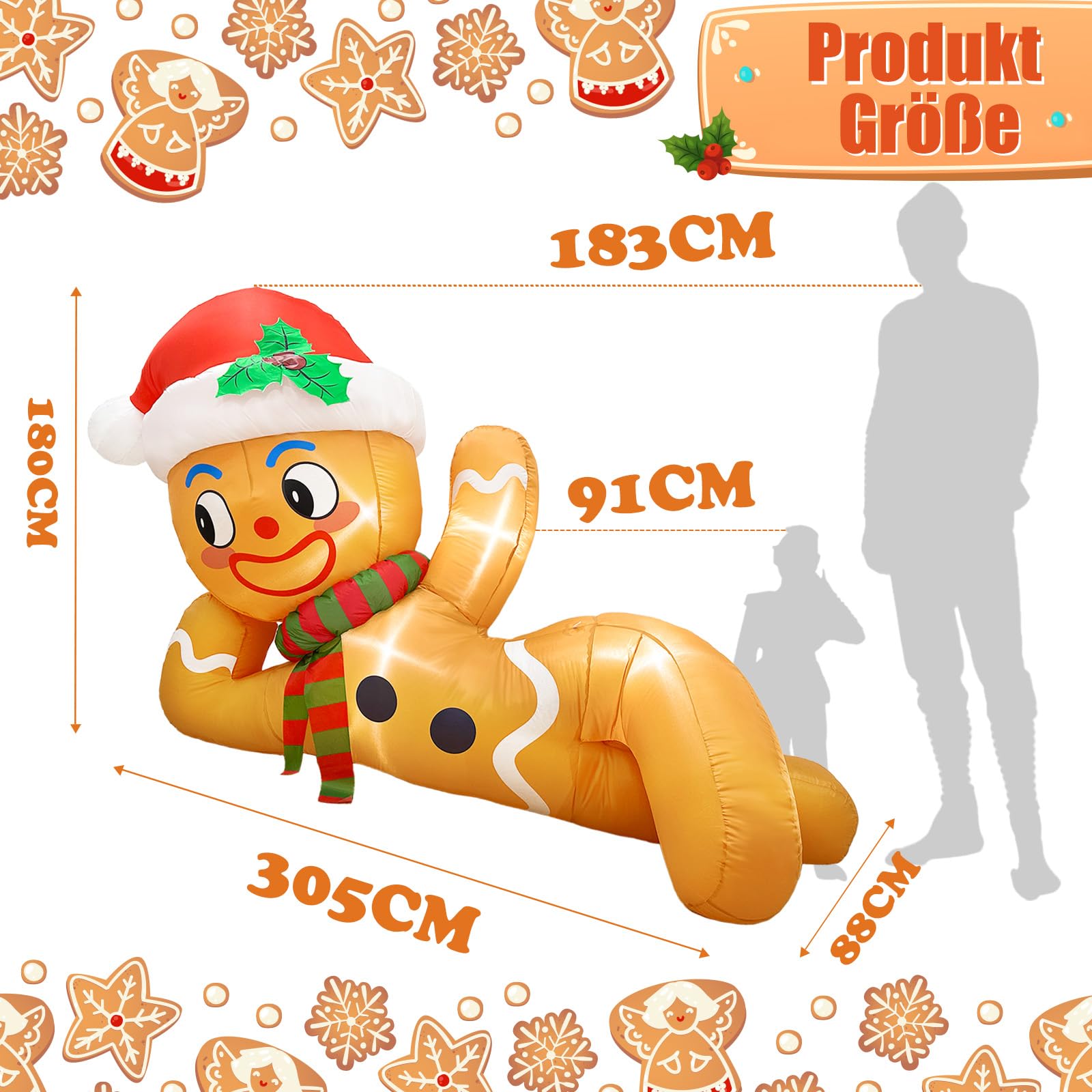 300 cm Aufblasbare Weihnachtsdeko Außen, liegender Weihnachtsdeko Aufblasbar Aussen Lebkuchenmann mit Integrierten LED Lichtern, Weihnachten Aufblasbar für Garten Rasen Hof Party Deko