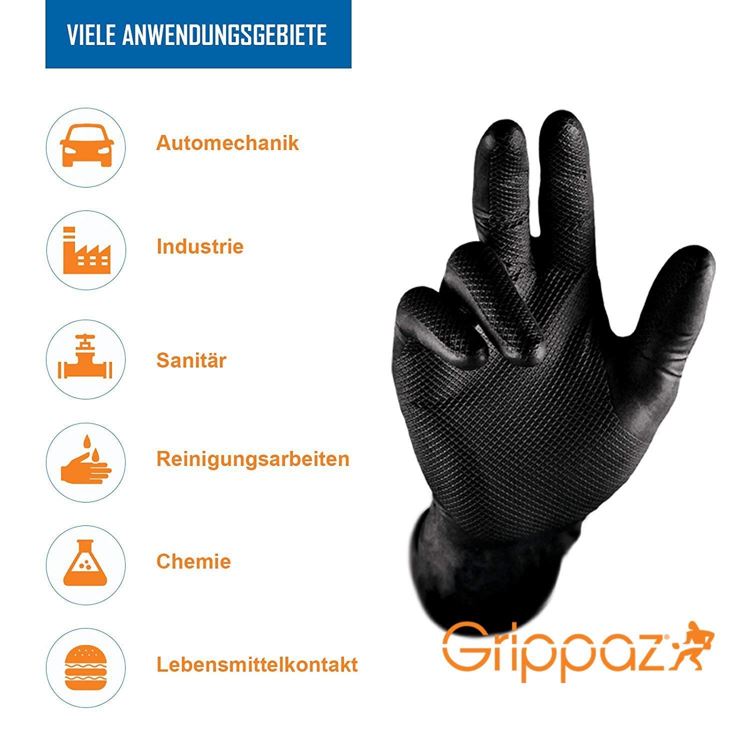 Grippaz Work-Inn Nitril-Handschuhe Schwarz (50 Stück) | Größe XL | latexfreie Arbeitshandschuhe extrem robust & rutschfest | ohne Puder patentierte Schuppenprägung | Einweghandschuhe + puderfrei