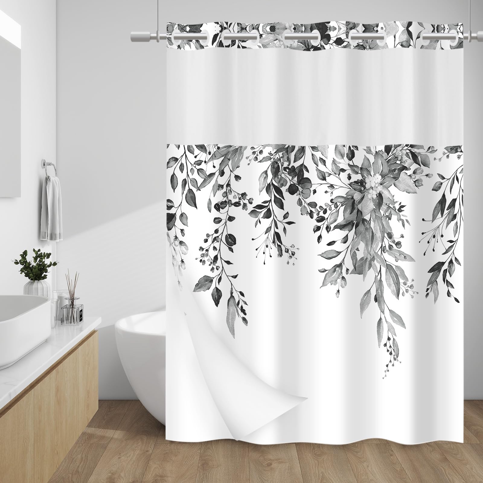 WITHLOC Rideau de douche sans crochet avec doublure à clipser – Eucalyptus – Doublure intérieure imperméable lavable – Motif plantes et feuilles noires – Lavable en machine – 180 x 218 cm