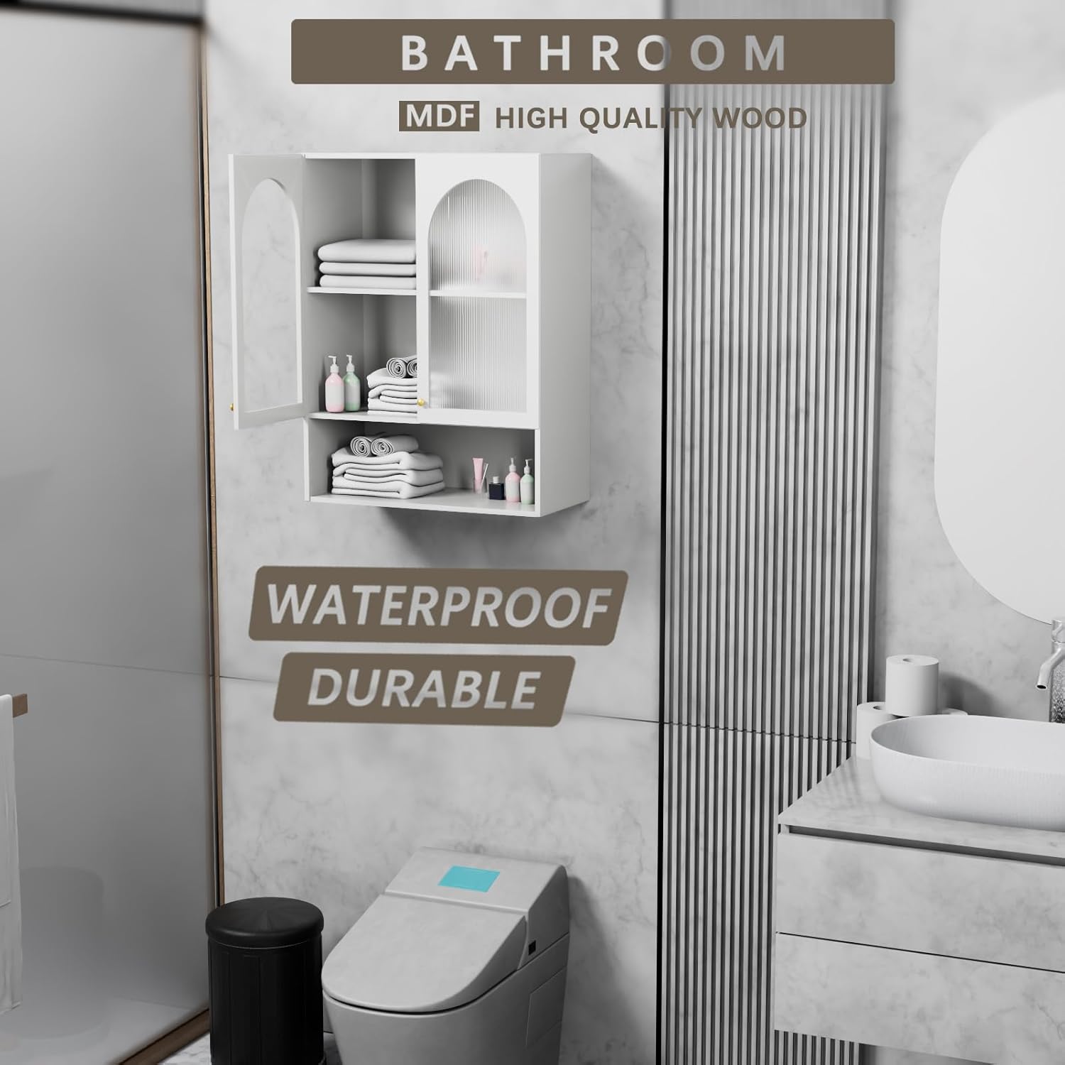 Wall Cabinet Bathroom Wall Mount, Bathroom Medicine Cabinet with 2 Acrylic Doors, Open Storage Rack & Adjustable Shelf Over The Toilet Storage Cabinet Additional Space in Home White